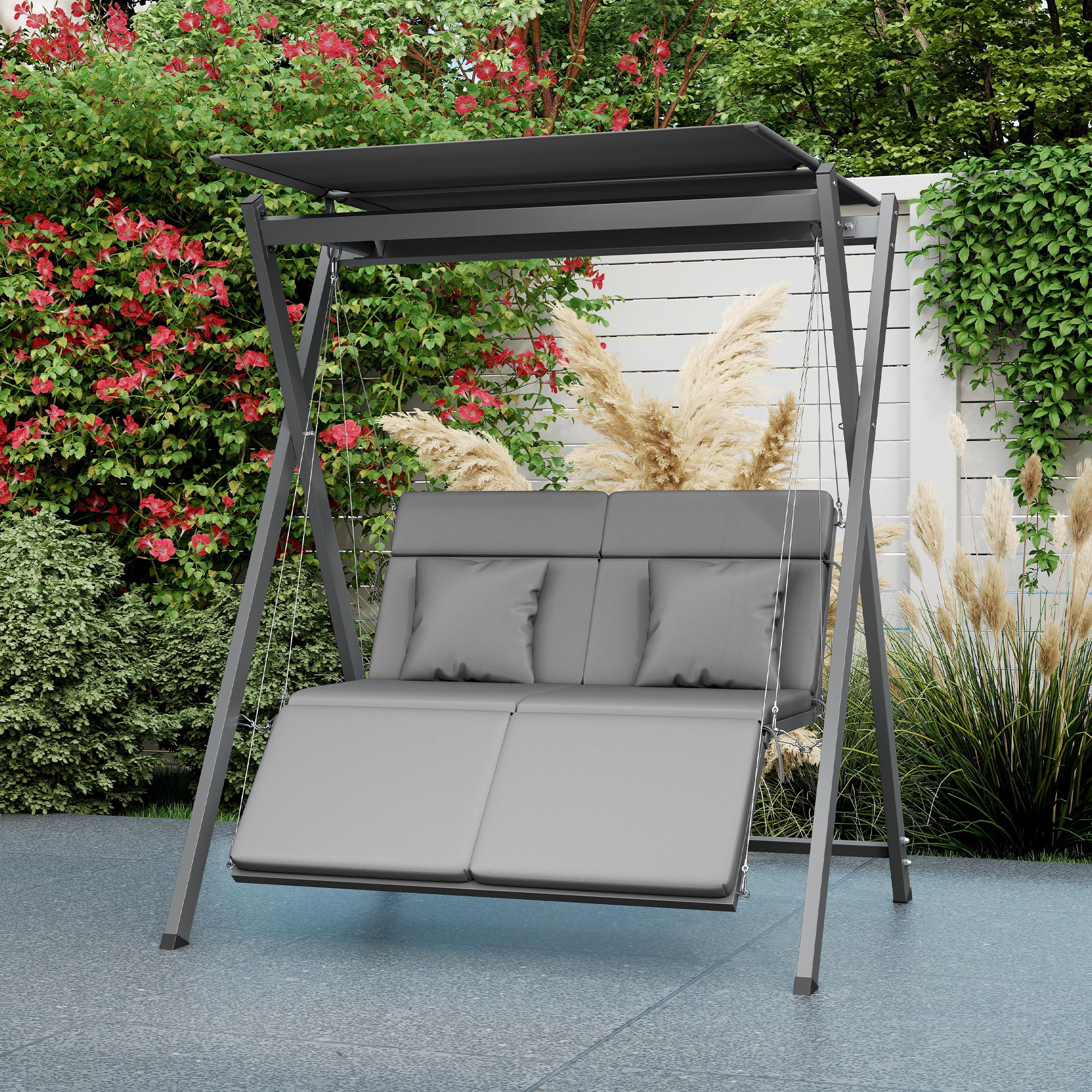 Outsunny Columpio de Jardín Exterior de 2 Plazas Balancín de Jardín Exterior con Protección UV30+ Toldo Ajustable y Cojines Convertible en Cama Carga 220 kg 142x130x168 cm Gris Oscuro