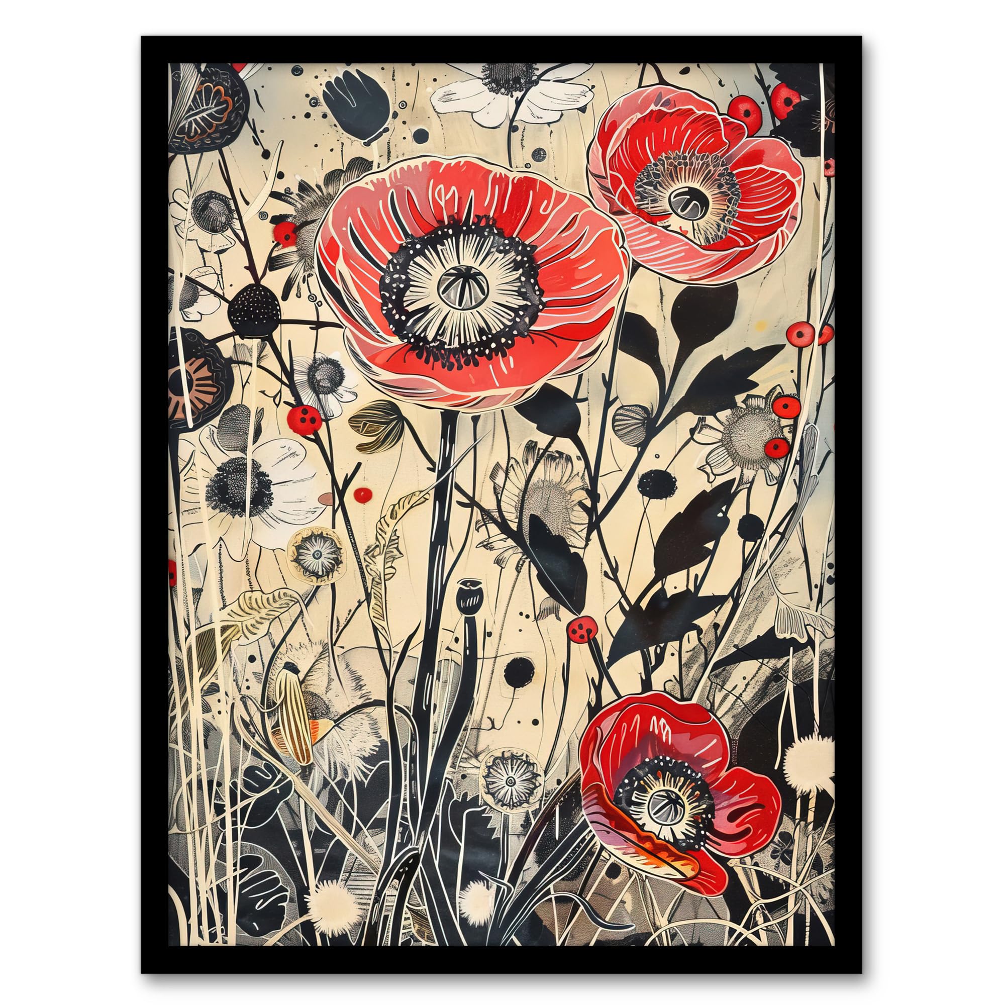 Artery8 Wildflower Field Spring Poppy Flowers Painting Living Room Artwork Framed Wall Art Print 18X24 Inch
