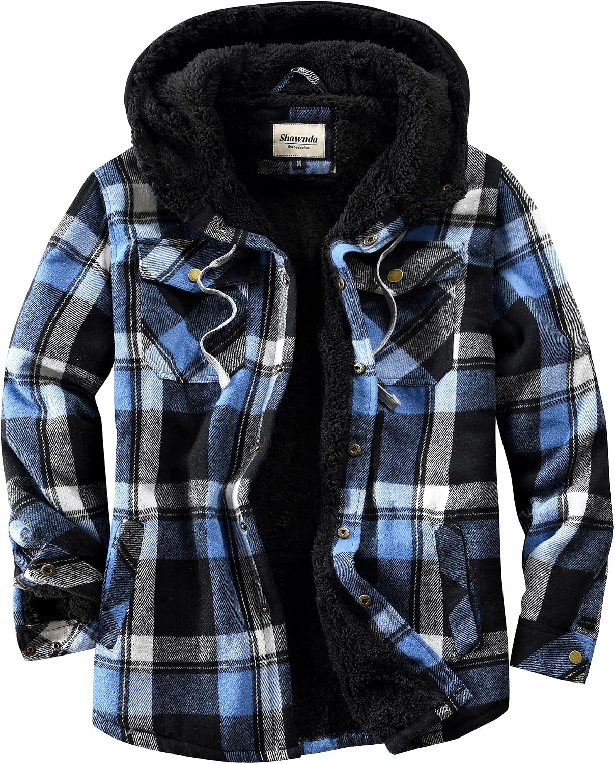 Shawnda Mens Hooded Sherpa Button Down Flannel Shirt Jacket | Warm plaid flannel jacket with full sherpa lining. Drawstring hood, snap front, multi pockets for cold weather daily wear.
