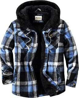 Shawnda Mens Hooded Sherpa Button Down Flannel Shirt Jacket | Warm plaid flannel jacket with full sherpa lining. Drawstring hood, snap front, multi pockets for cold weather daily wear. ﻿
