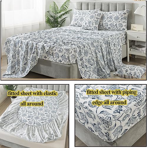 Miniatura 5 de FADFAY Juego de sábanas de cachemira de lujo tamaño matrimonial, ropa de cama de cachemira azul marino, juego de sábanas florales de color beige