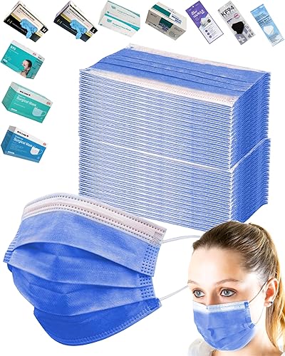 100 máscaras faciales desechables color azul oscuro para adultos, tela de 3 capas (2 capas no tejidas, 1 capa fundida soplada) con clip para la