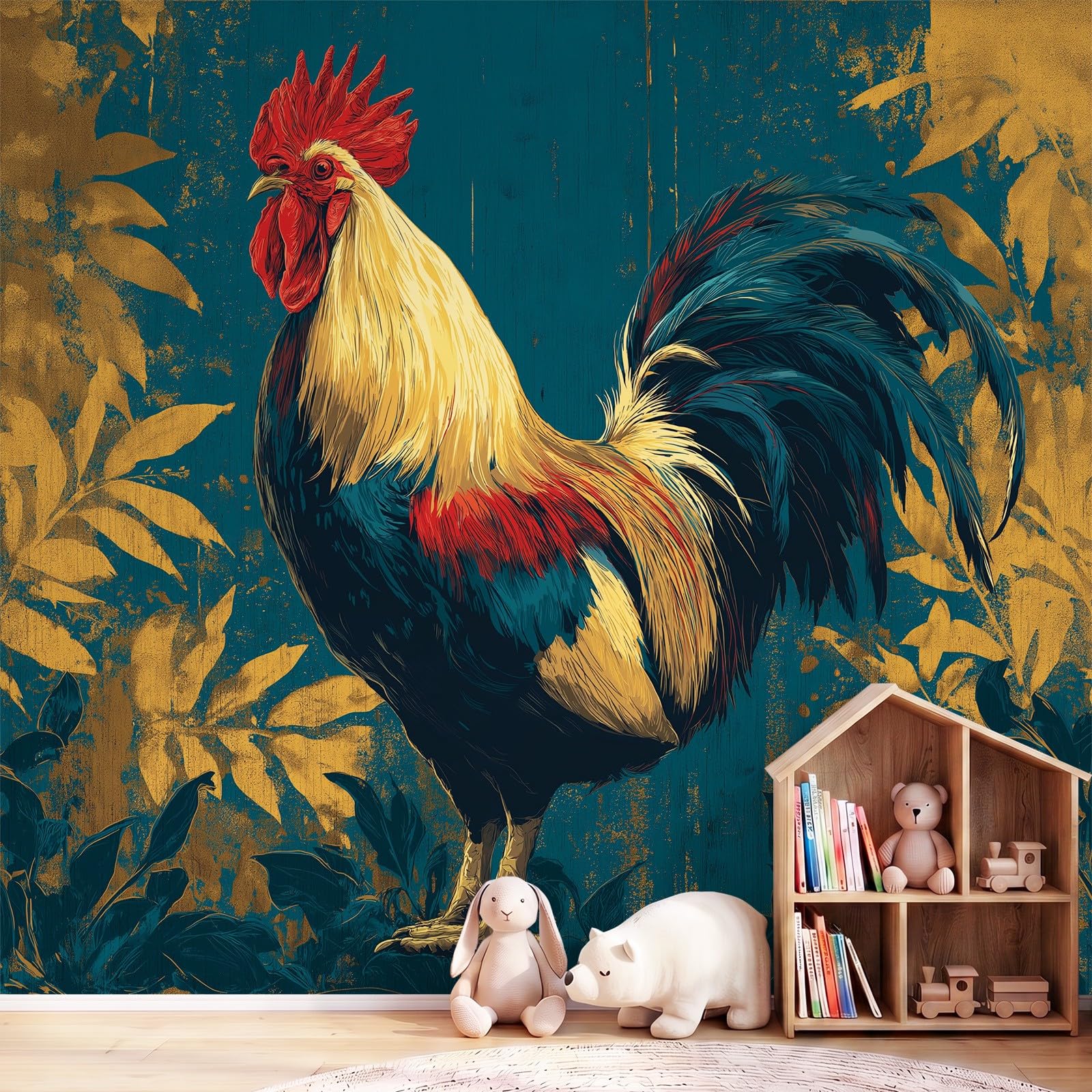 Generisch Tapeta Classic, Countryside, Pastoral - Rooster, wzór liści, tapeta na flizelinie, dekoracja ścienna, nowoczesna tapeta ścienna, dekoracja ścienna, tapeta z motywem - 350 x 256 cm