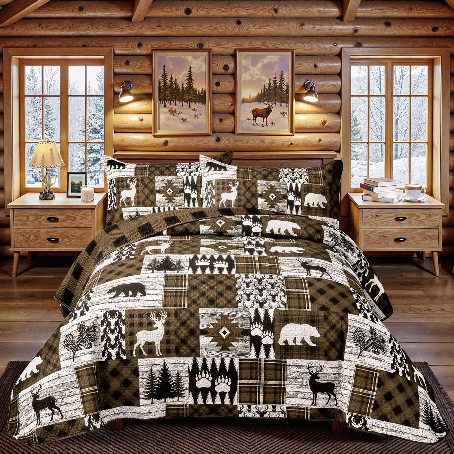 3 Piece Cabin King Size Quilt Sets Farmhouse Rustic Reversible Microfiber Soft Lightweight Bedspread Comforter with 2 Shams Patchwork Country Lodge Bedding Quilts Set for All Season, 106''x96'', Brown