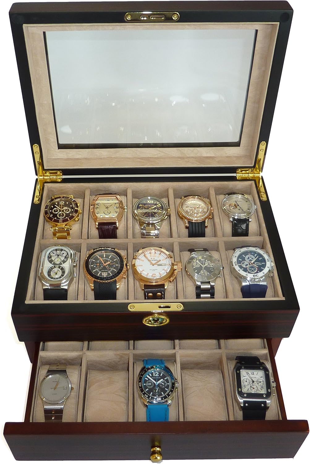 TIMELYBUYS 20 Piece Ebony Walnut Wood Men's Watch Box Display Case Collection Jewelry Box Storage Glass Top Father's Day Gift