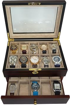 20 Piece Ebony Walnut Wood Mens Watch Box Display Case Collection Jewelry Box Storage Glass Top Fathers Day Gift