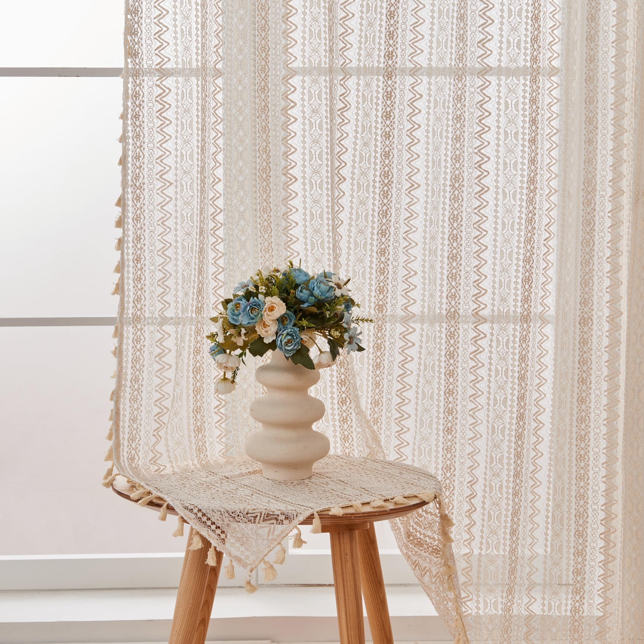 USTIDE Beige Wave Crochet Curtain 1 Panel Farmhouse Sheer Curtain with Tassels 150x160cm, W 59.1" x L 63" (1 Panels) - Image 2