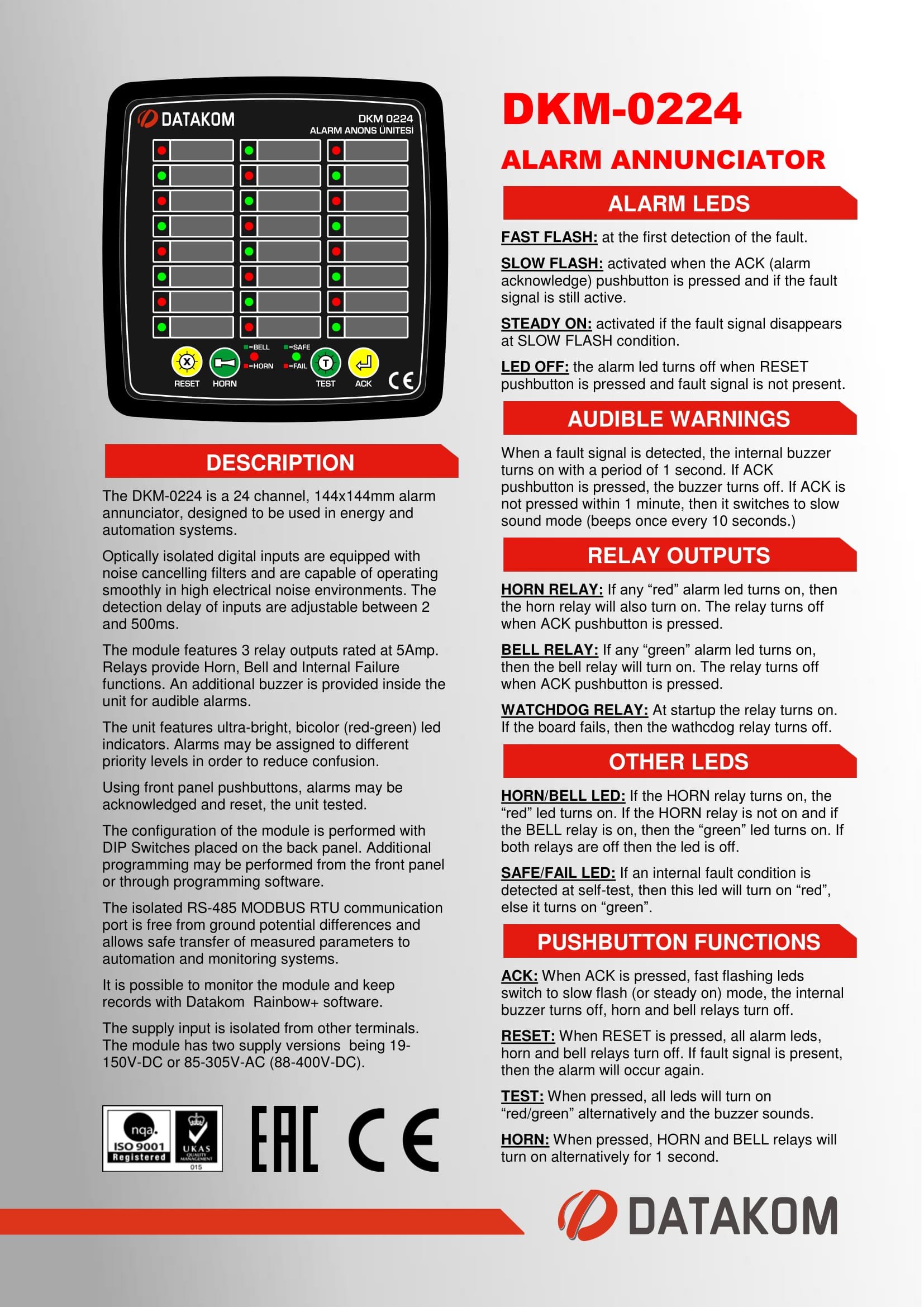 DATAKOM DKM-0224 Alarm Annunciator, 24 Channels, AC Power Supply