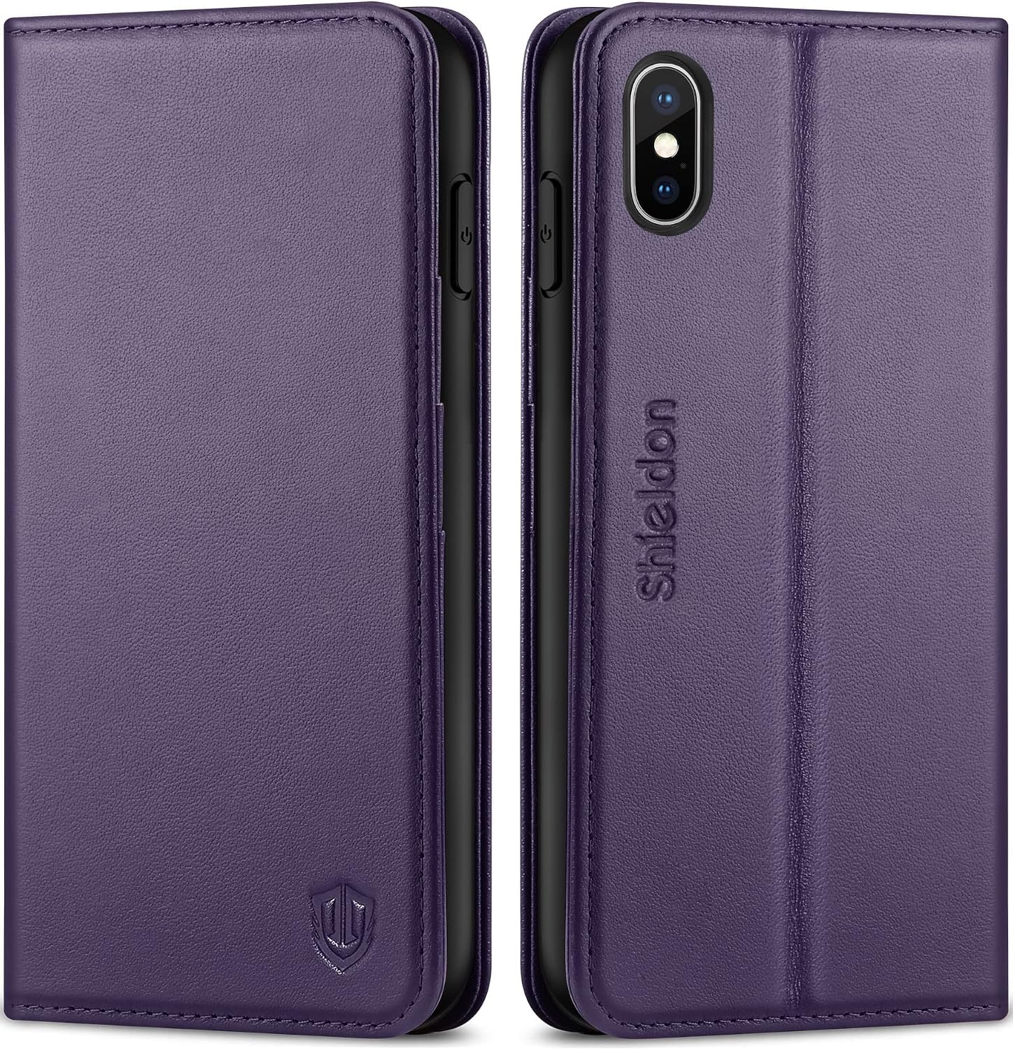 SHIELDON iPhone Xs Max Case, Genuine Leather iPhone Xs Max Magnetic Wallet Case with Auto Sleep Wake Kickstand RFID Card Slots Compatible with iPhone Xs Max (2018 Release) - Purple