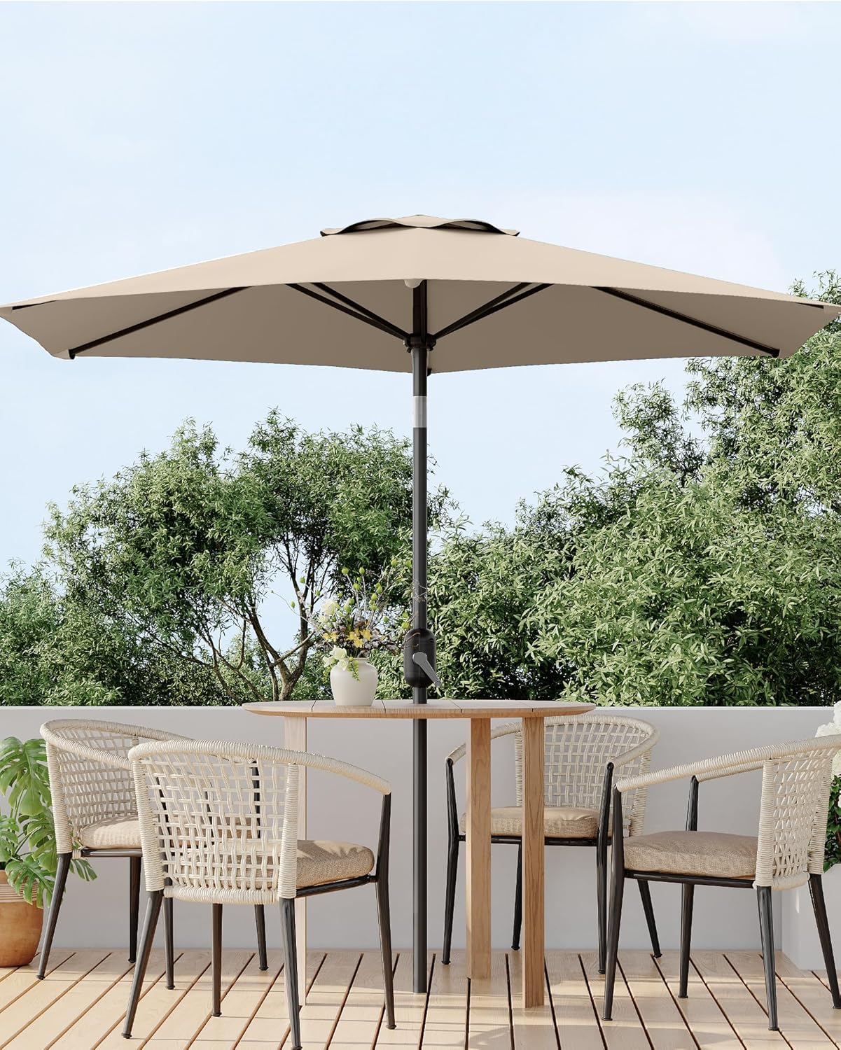 Outdoor Patio Umbrella, Table Umbrella, Market Umbrella with Push Button Tilt and Crank, 8 Sturdy Ribs UV Protection Waterproof for Garden, Deck, Pool Light Tan 9FT