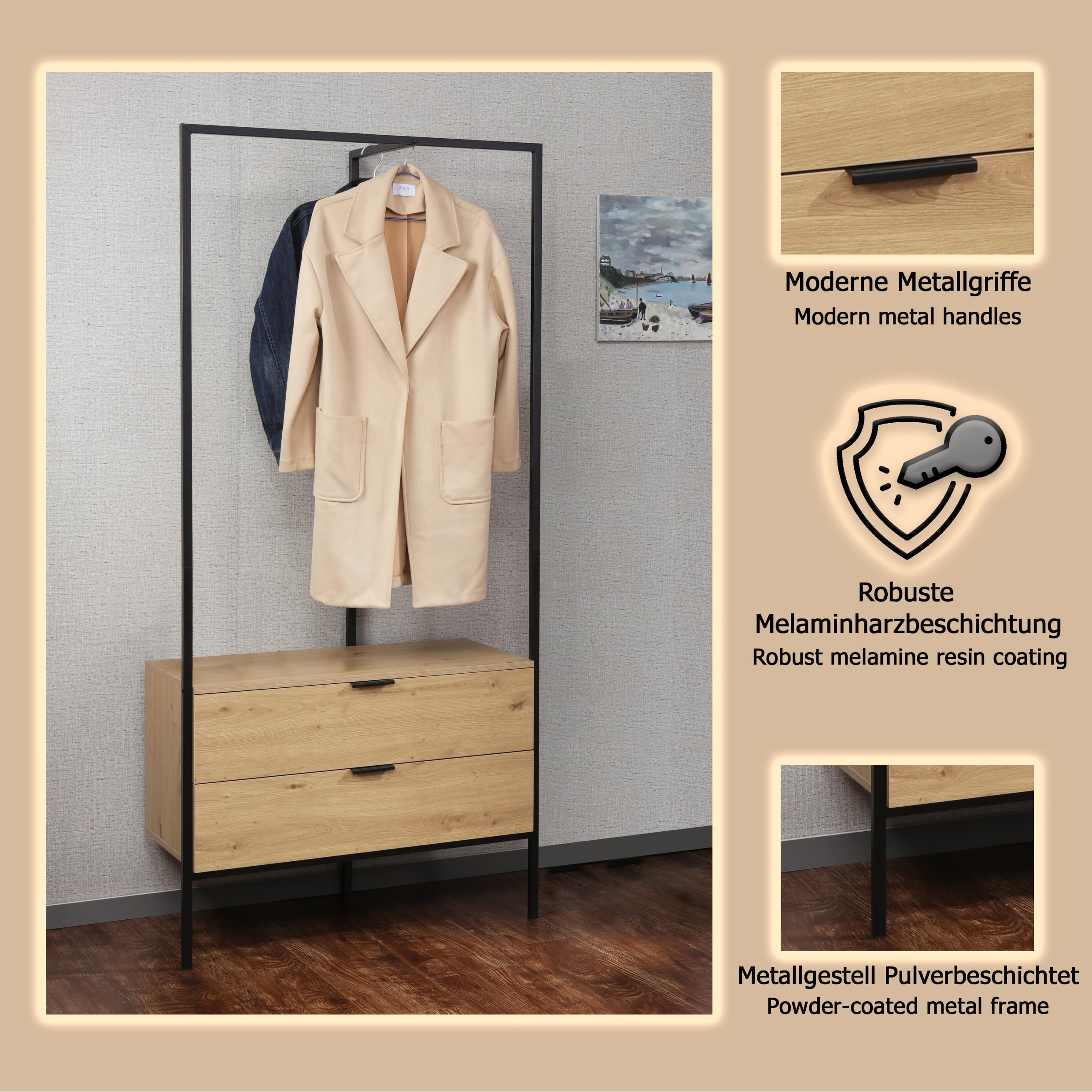 Garderobenständer Jody Artisan Oak , Metallgestell Schwarz · B 85 cm