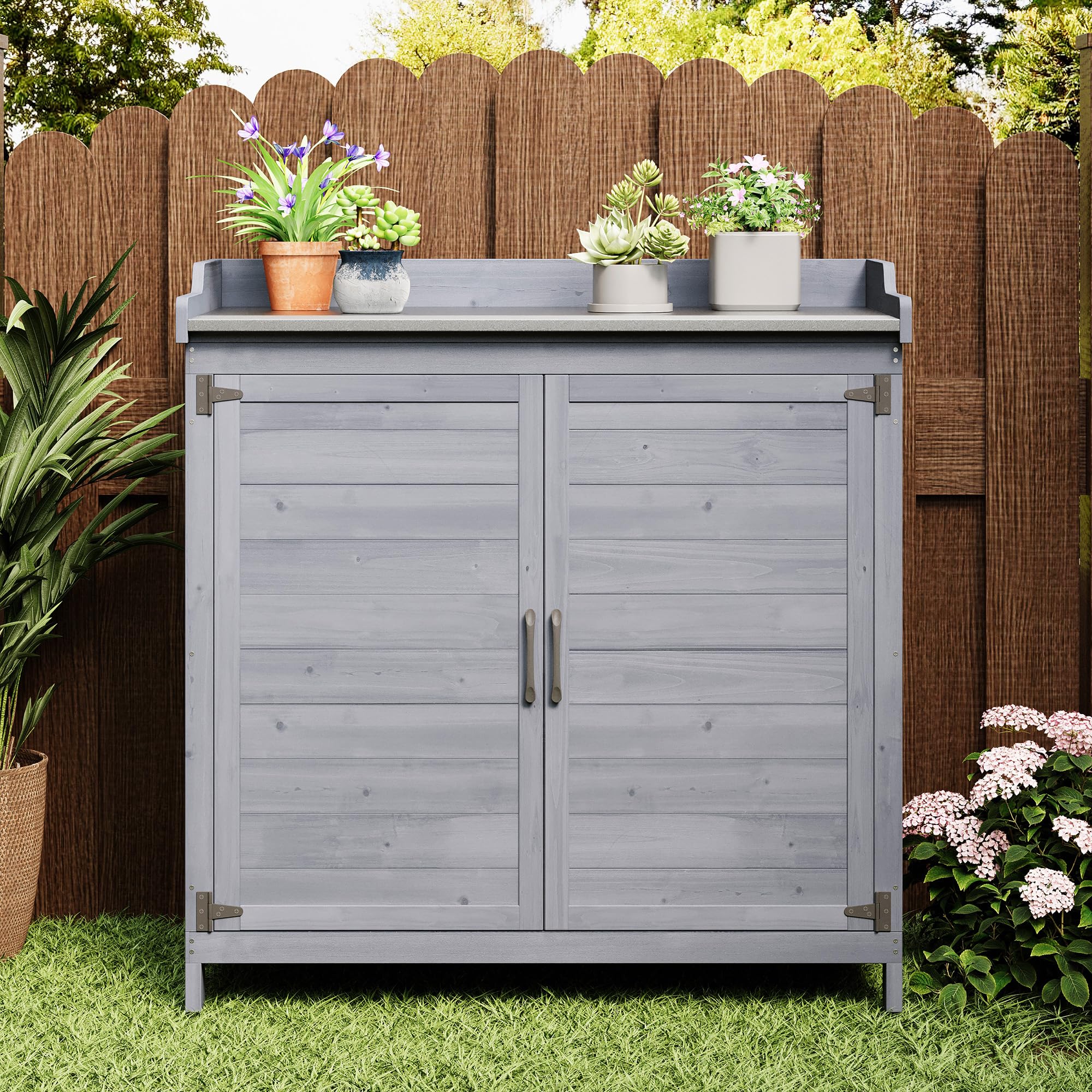Pflanztisch mit Unterschrank, Gartenschrank mit verzinkter Arbeitsplatte & 2 höhenverstellbaren Einlegeböden, Balkonschrank für Garten, Balkon, Terrasse, 98x48x95cm (Grau)