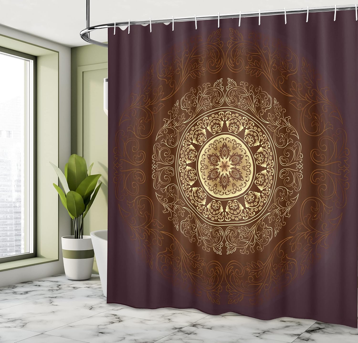 Ambesonne Mandala Shower Curtain, Universe Spiritiual Culture Vintage Floral Motif, Cloth Fabric Bathroom Decor Set with Hooks, 69" W x 70" L, Chestnut Brown Yellow