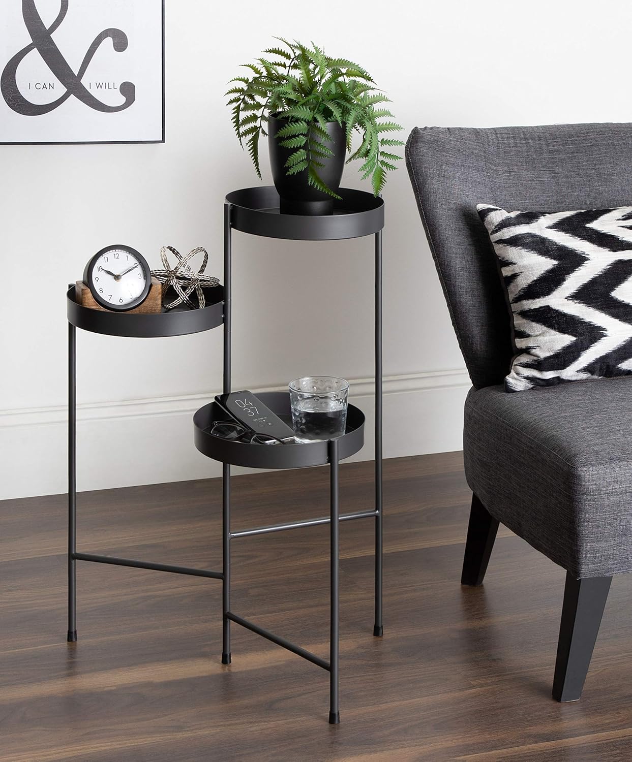 Kate and Laurel Finn Tri-Level Metal Plant Stand, Charcoal Gray, Decorative Hinged Tray Stand Display : Patio, Lawn & Garden