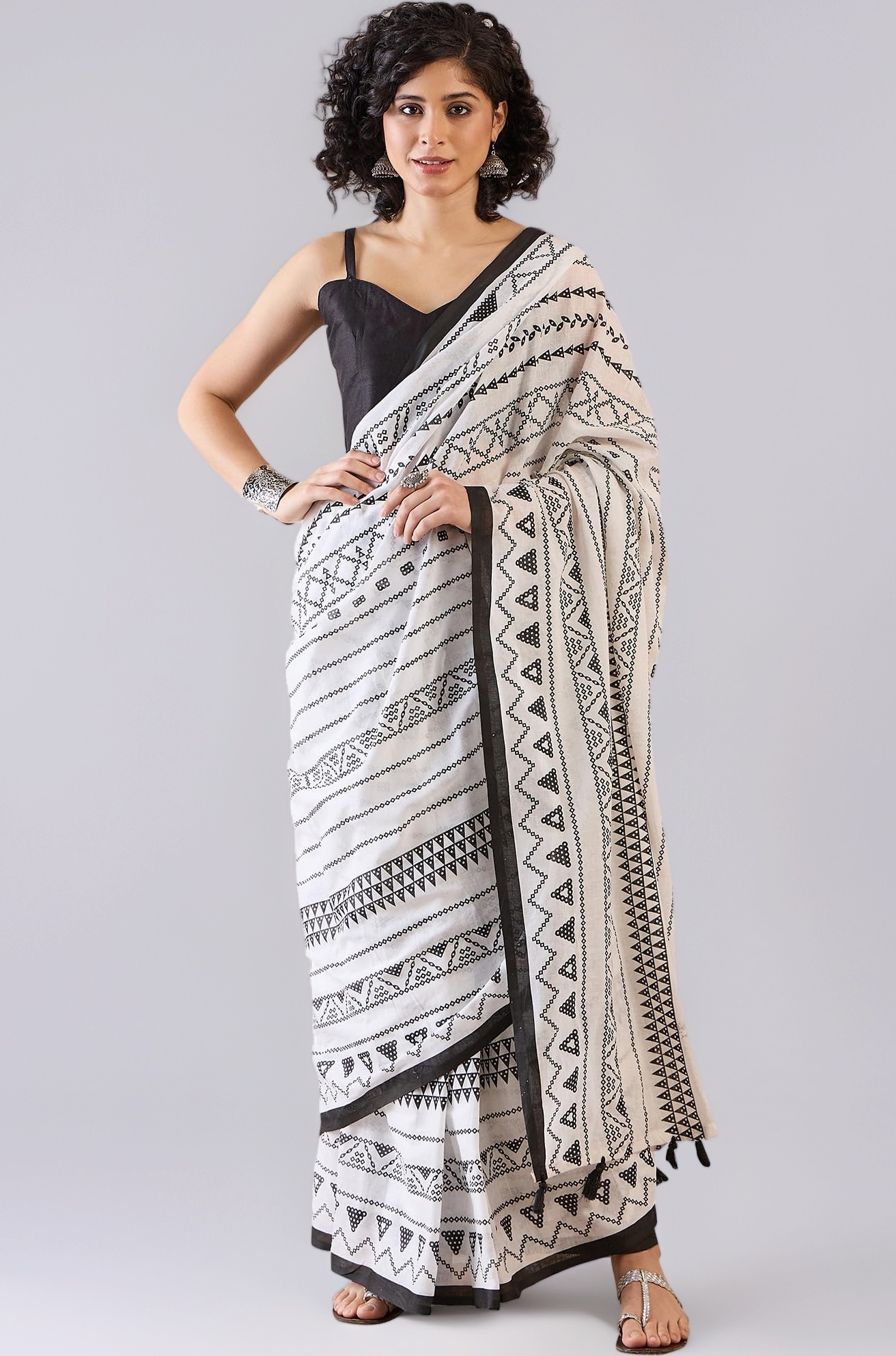 SAREE MALL Women's Cotton Ikat Printed Ready To Wear one Minute Saree With Blouse Piece
