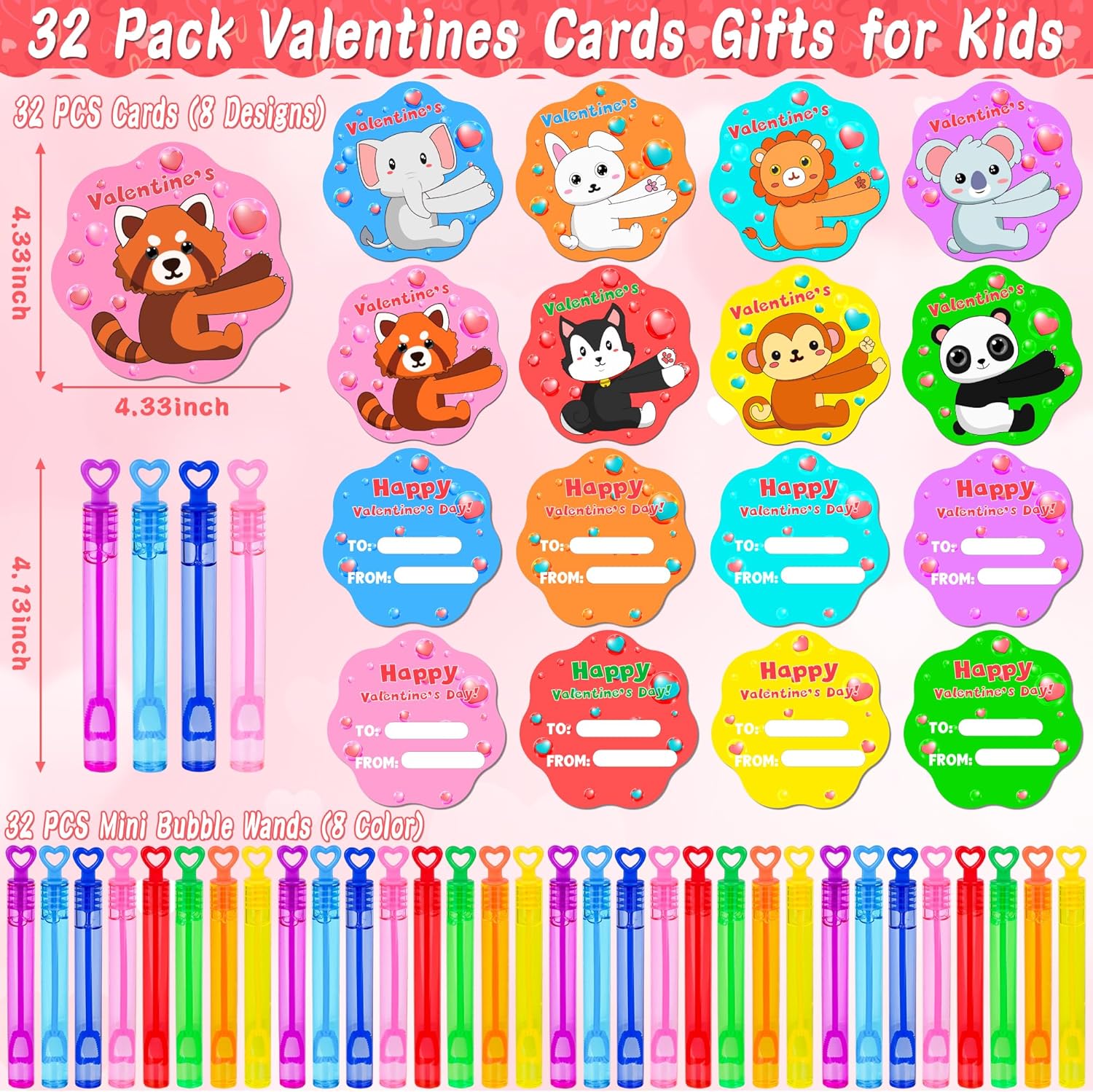 32 Pack Valentines Day Gifts for Kids School Mini Bubble Wands with Valentines Animals Valentines Cards for Kids Classroom, Valentines Day School Prize Party Favors Classroom Exchange Gift Set