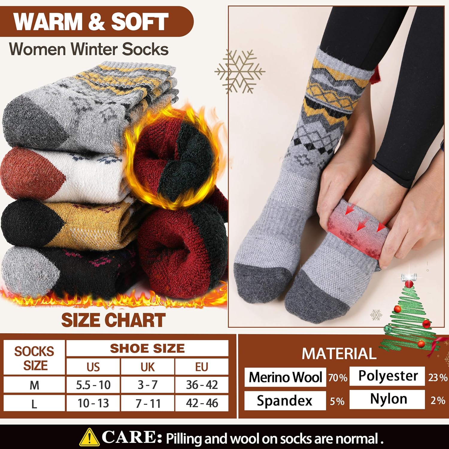 EBMORE Womens Merino Wool Hiking Socks Thermal Warm Winter Crew Cushion Work Boot Outdoor Socks 5 Pairs - Image 5