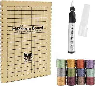 The Beadsmith Mini Macrame Kit - Bead Board 7.5 x 10.5 inches - Thread Zap II - 5.25 Thread Burner - S-Lon Cord #18 Cord, Multipack with 4 Spools for Macrame and Knotting Jewelry Projects