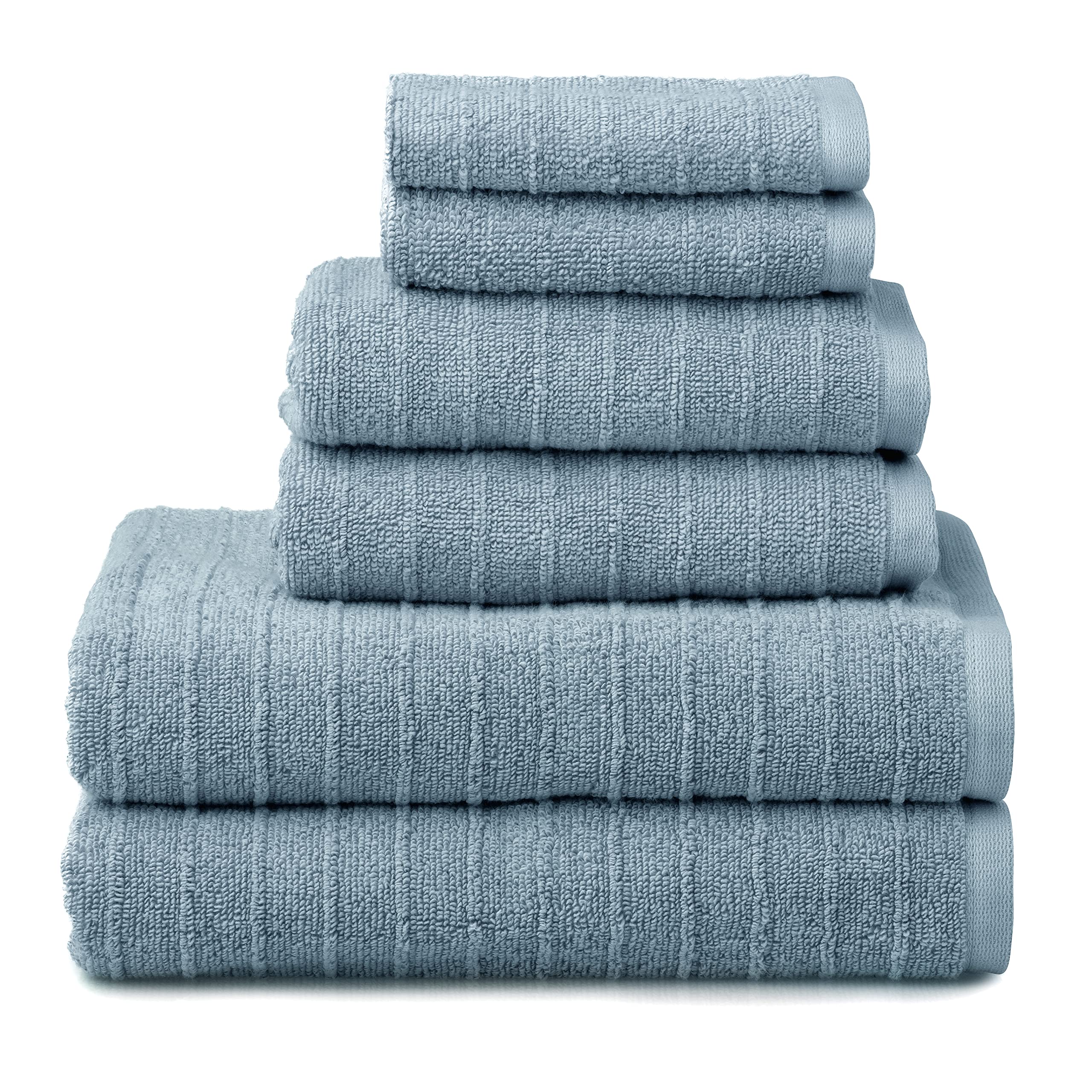 Welhome James 2 Bath 2 Hand 2 Washcloths | Stripe Textured Dusty Blue Bathroom Towels | Soft & Absorbent Quick Dry 100% Cotton 6 Piece Set
