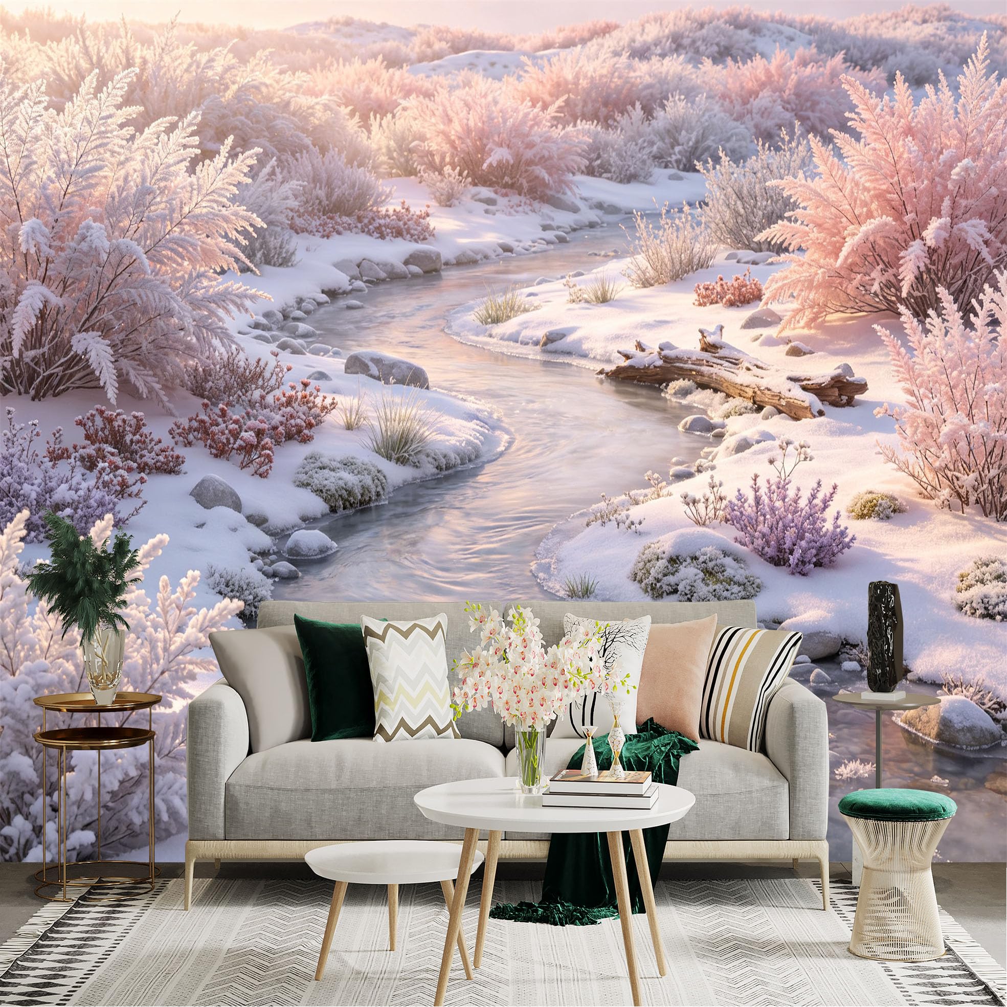 Lnzczhyre Bh260719220 Custom Size Wall Sticker Mural， Snowy Creek Landscape， Pink Frosty Bushes， Winter River Scenery， For Wall Decoration， Peelandstick Wall Decals.