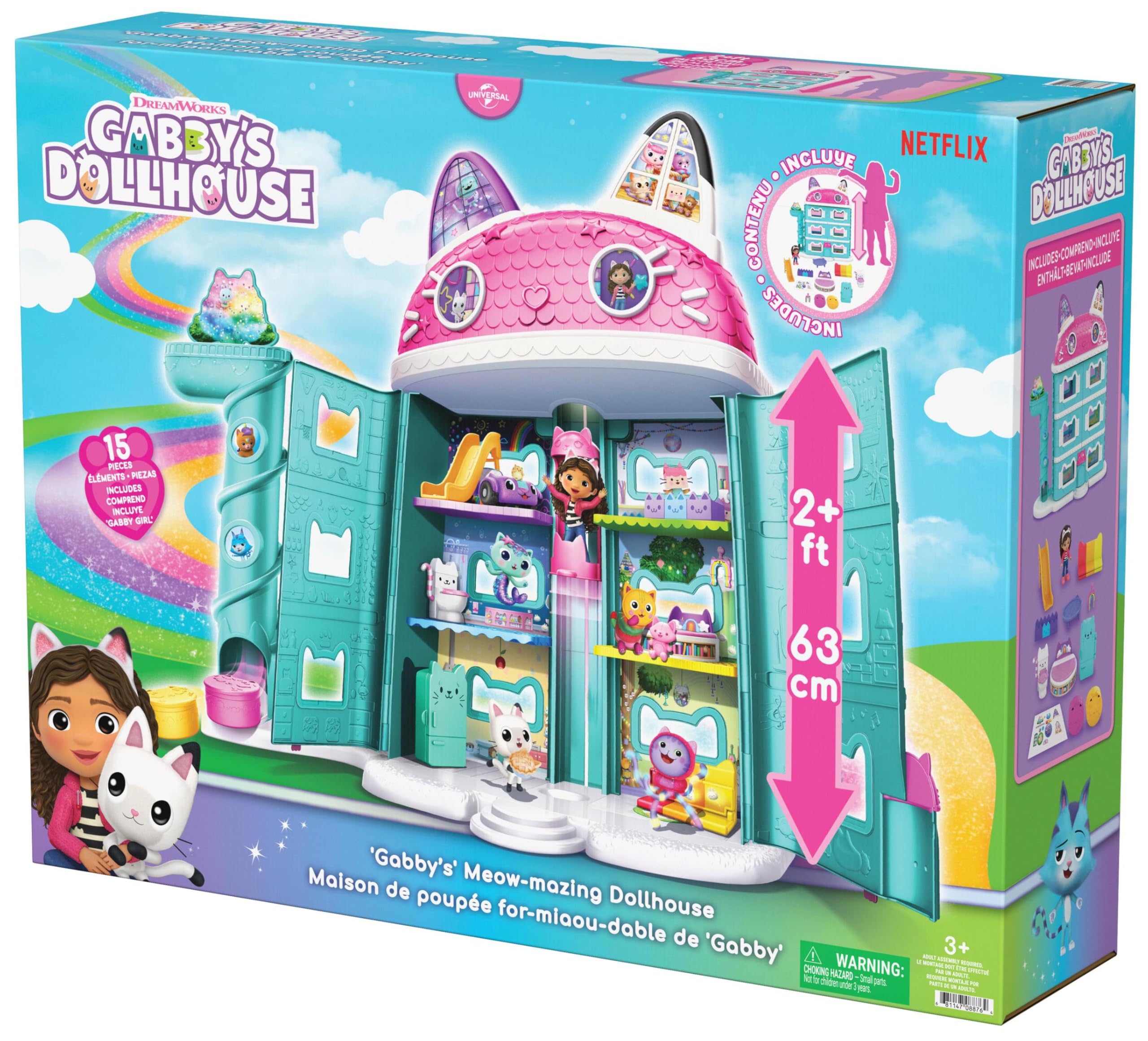Gabby's Dollhouse Playset GabbysMeowMazing Dllhse I | 63 cm groß, 15-teiliges Set, Mit Gabby & 2 Katzenfiguren, Erweiterbar, Magische Lentikular-Augen