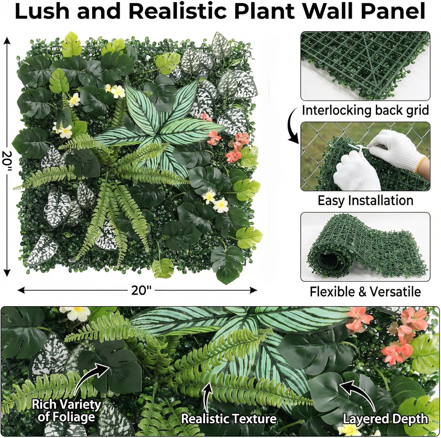 4 Pack 20"x20"Grass Wall Panels-Artificial Boxwood Panels for Greenery Wall Backdrop,UV-Protected Greenery Wall Backdrop Faux Greenery for Indoor Outdoor Decor,Garden Fence,Wedding,Privacy Screen