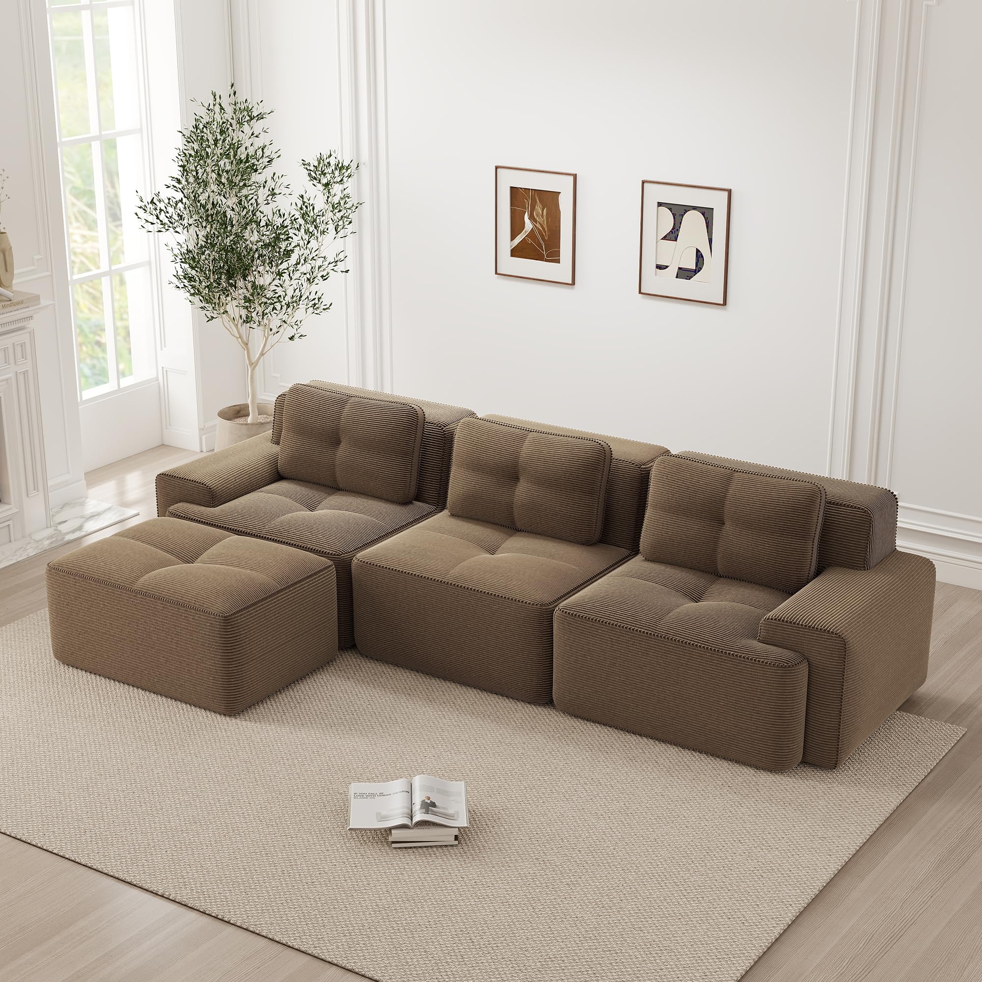Bladez Moderno divano modulare Cloud Boneless ad angolo a forma di L in velluto a coste, divano cloud modulare con pouf, senza montaggio, divani imbottiti cloud combinabili per soggiorno (marrone, 3