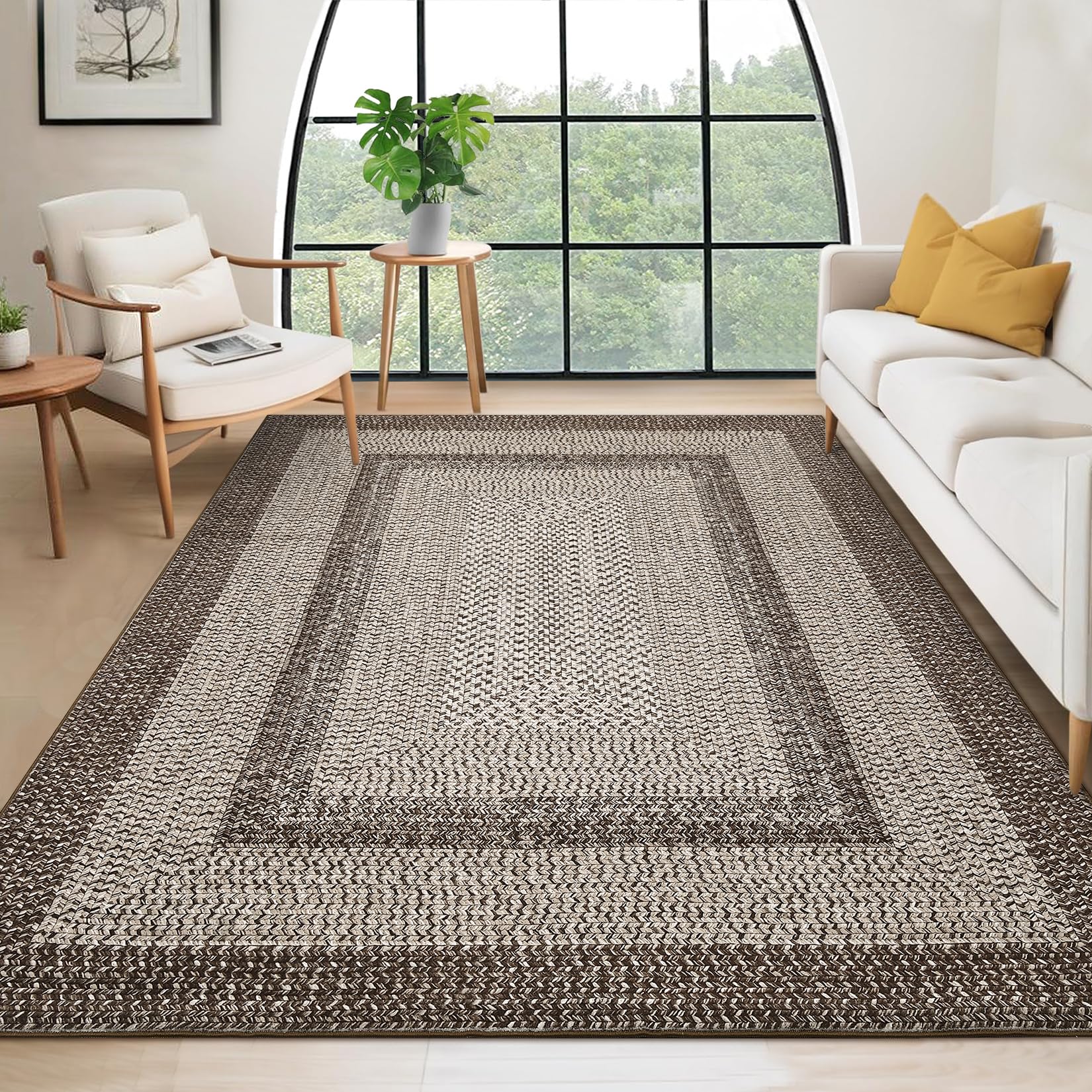 9x12 Living Room Rug Large Washable Rug Non Slip Boho Accent Braided Print Carpet Indoor Throw Floor Cover Farmhouse Rustic Area Rug Bohemian Border