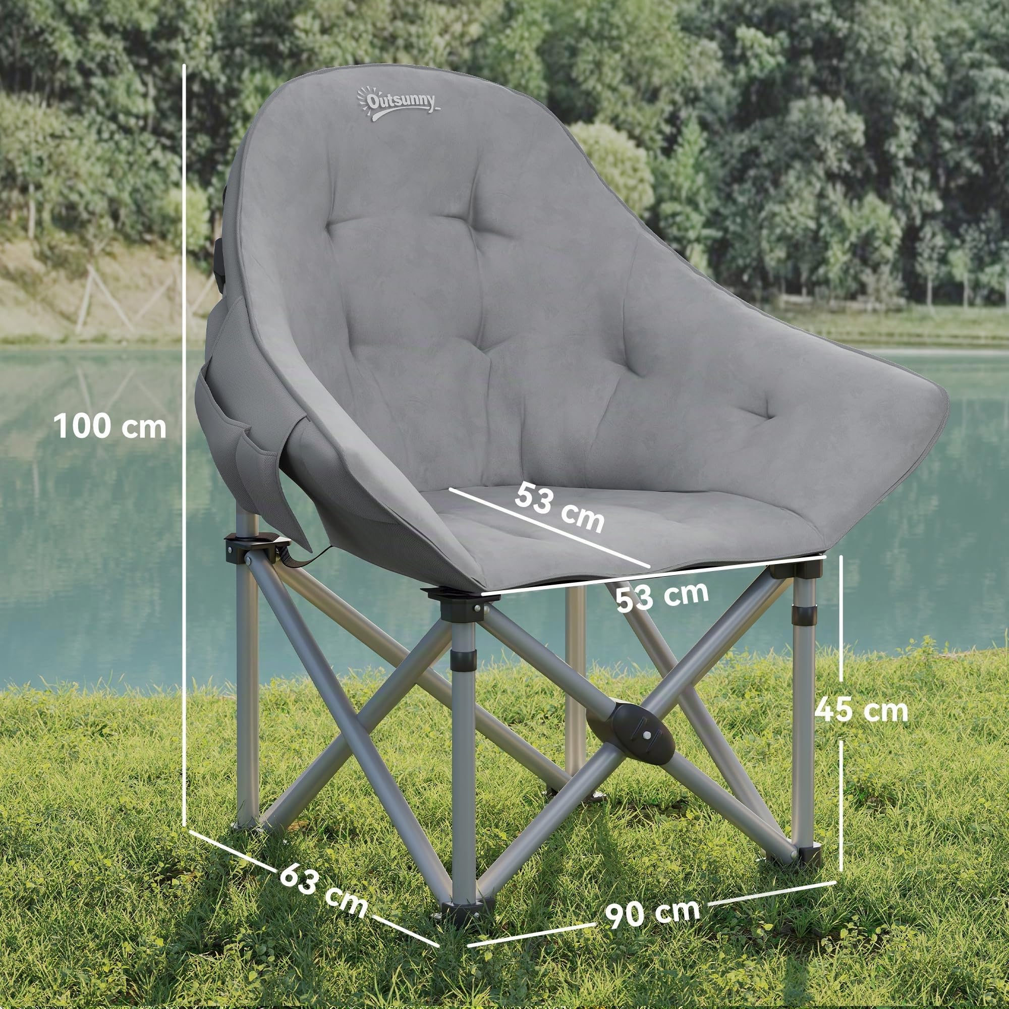 Outsunny Chaise Pliante Camping Chaise de Pêche Portable Gris Foncé | Légère, Siège Rembourré, Poches Latérales, Sac de Transport, Fauteuil Pliant, Randonnée, Pêche, Plage, Pique-Nique