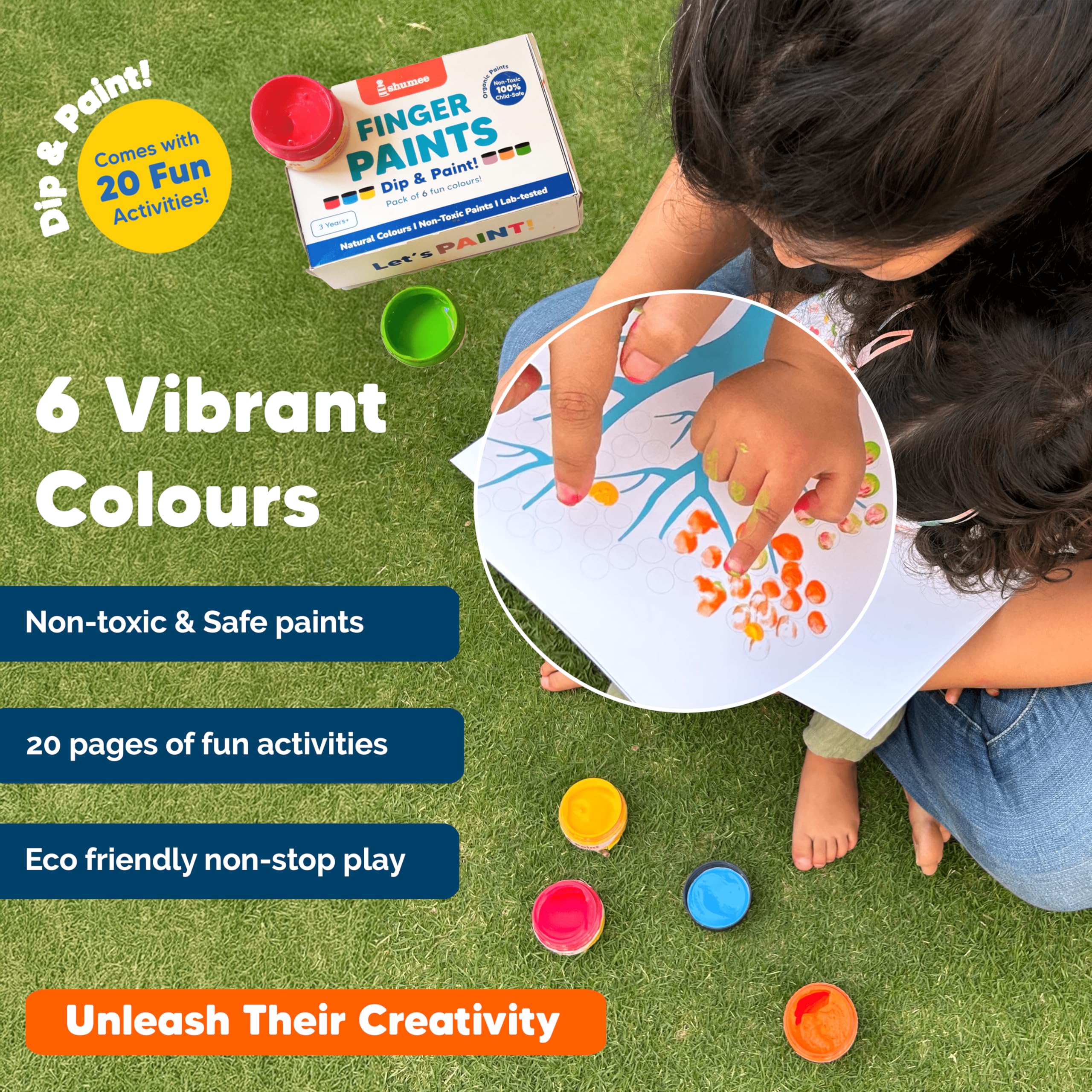 shumee Finger Painting Kit for Kids with 6 Washable Non-Toxic Colors, 40-Page Fun Book | Hand Painting Kit for 3+ Years | Mess-Free Art Craft Creativity Boost, Assorted