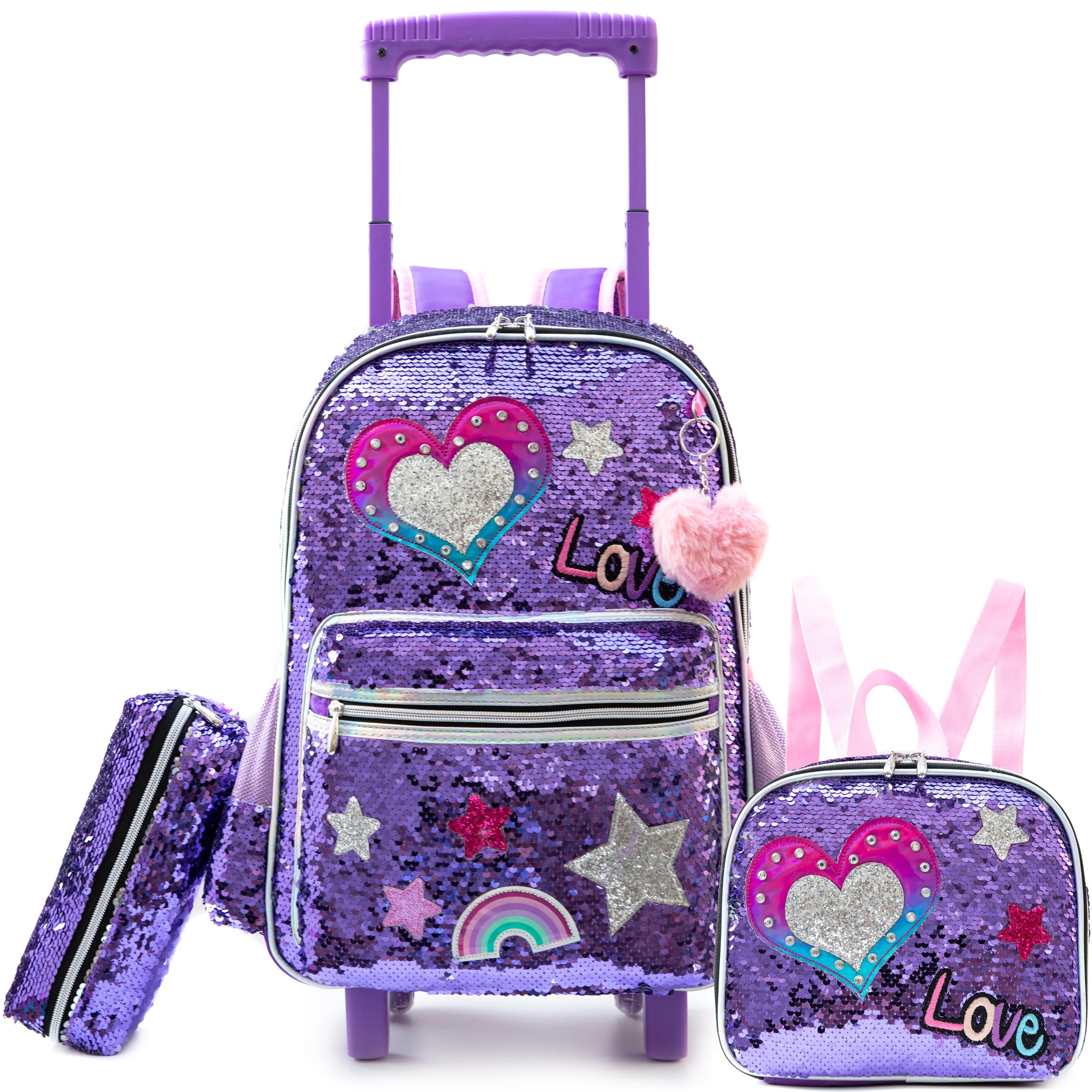 HTgroce Trolley Zaino con ruote, astuccio, borsa per il pranzo, 3 in 1, facile da arrotolare, per ragazze, borse per la scuola