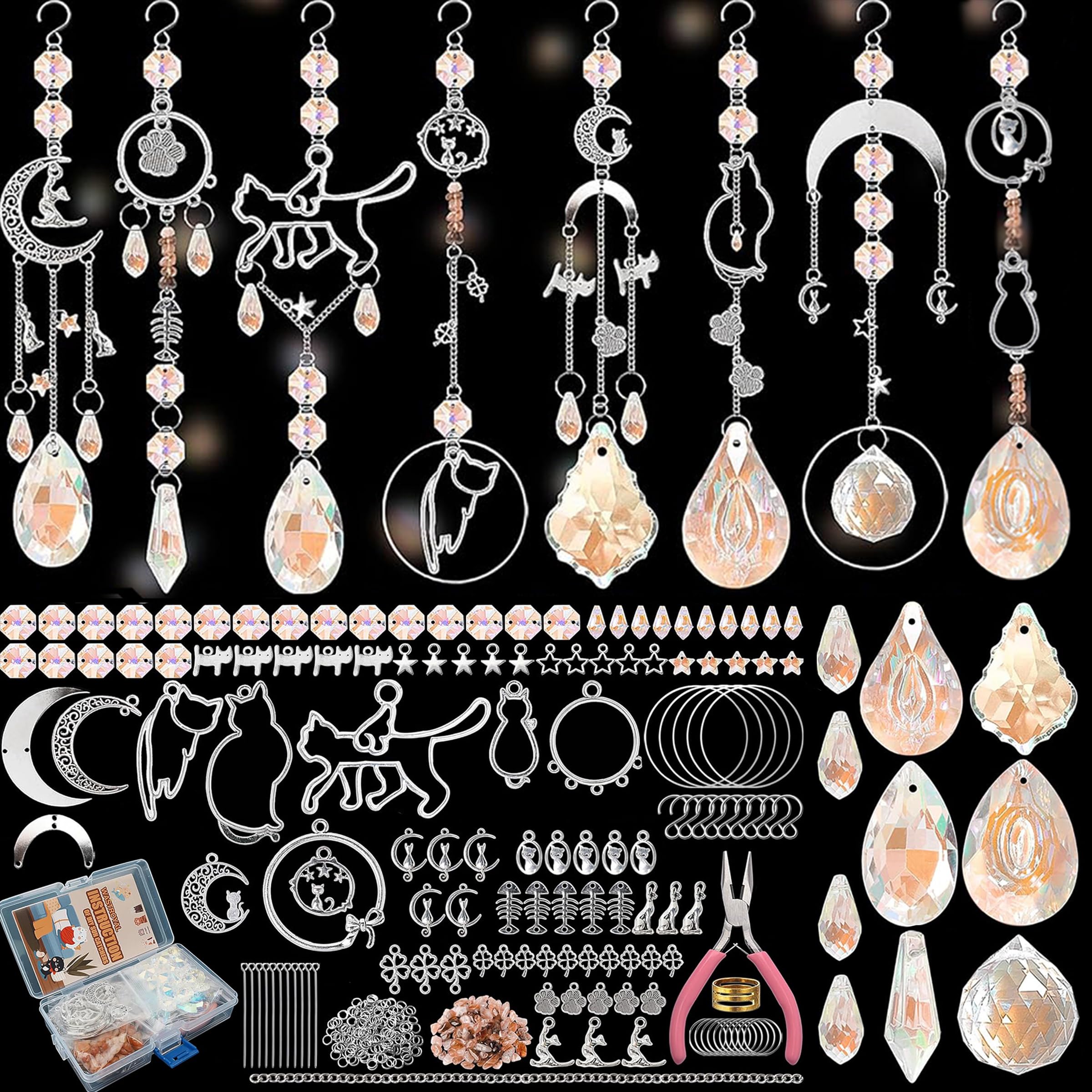 DIY Suncatchers, 450 pcs Sun Catchers Making Supplies Kit Art and Crafts for Adults Prism Hanging Decorative Suncatcher with Crystals Rainbow Maker for Indoor Windows Office Home Decor (Cat)