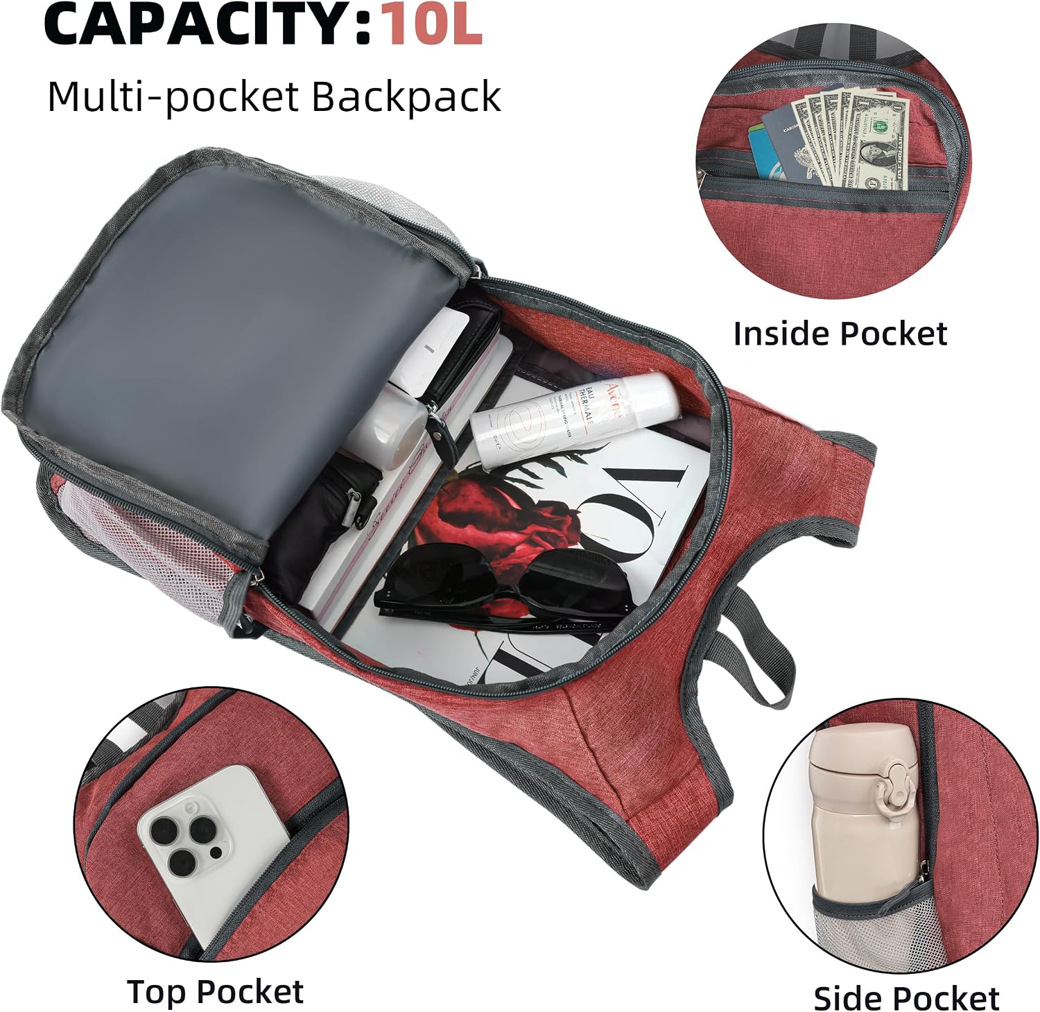 Xgunion Hiking Backpack 10L Lightweight Foldable Daypack (Red) image 4