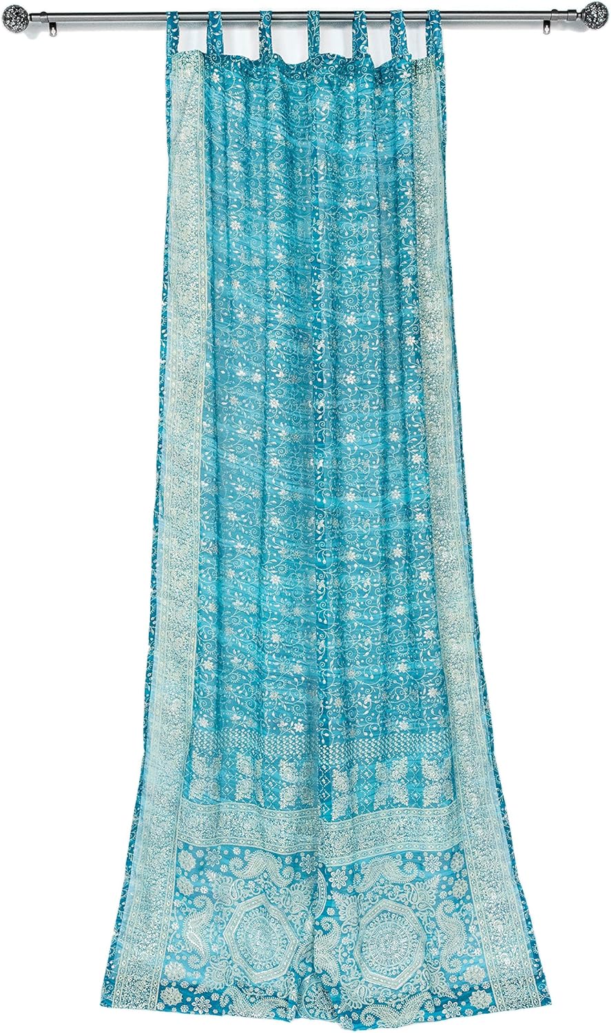 Light-Filtering Sari Colorful Curtains  Boho Curtains, Bed Canopy Panel, Tapestry or Window Treatment Brilliant Chakra Collection + Tote bag (96"L x 42"W Single Panel, Teal Turq)