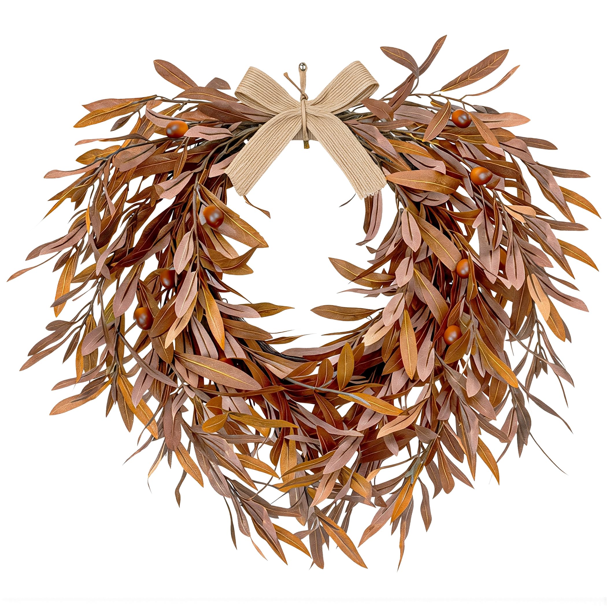 24 Inch Fall Wreath for Front Door, Artificial Autumn Olive Wreath