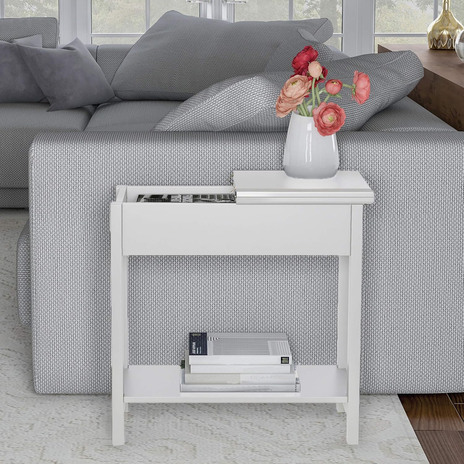 Lavish Home Flip Top End Table – Slim Side Console with Hidden Hinged Storage Compartment and Lower Shelf for Living Room, Hallway, or Entryway, 22 x 11 x 24 in, White