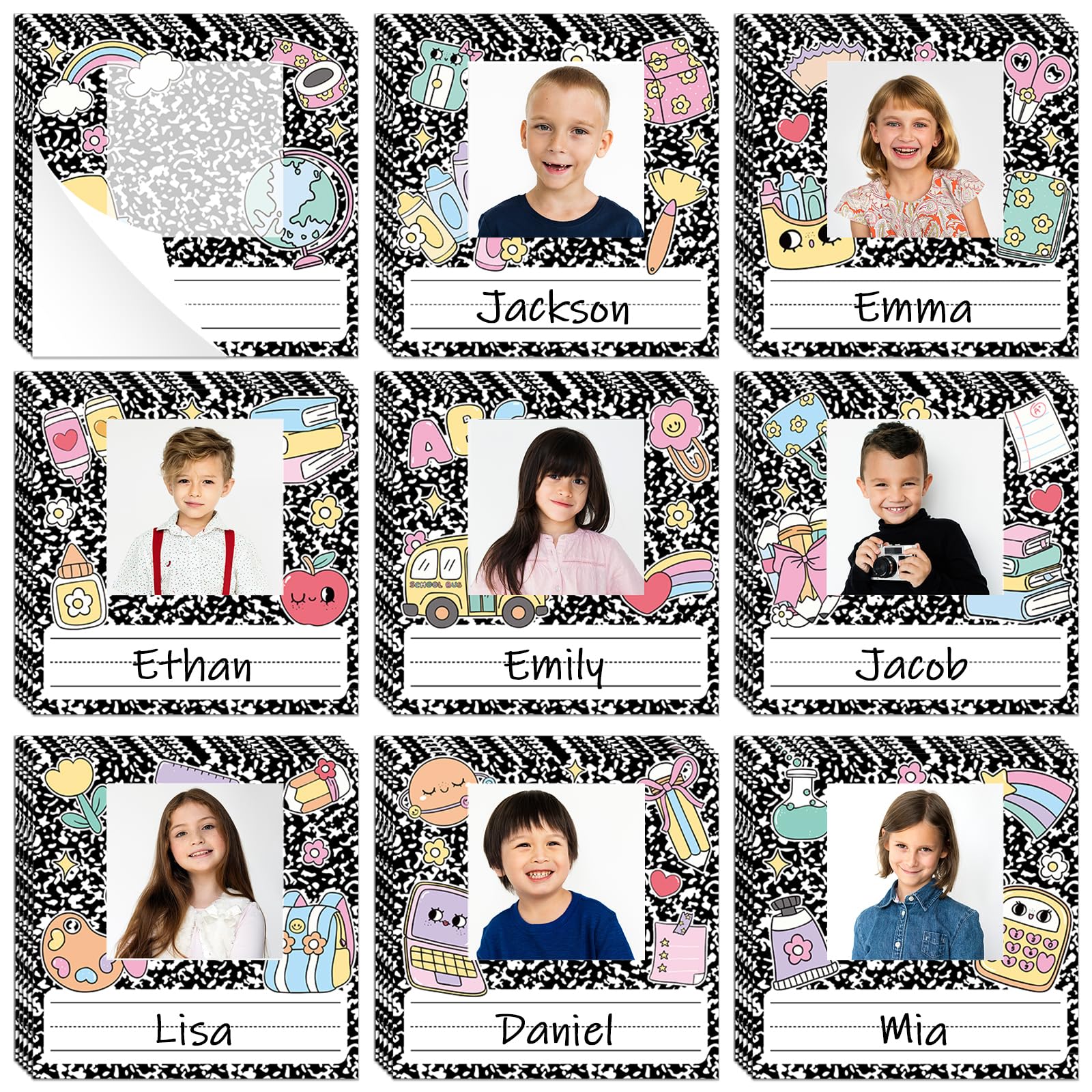Lot de 54 étiquettes de nom autocollantes pour livre de composition, 12 x 11 cm, étiquettes autocollantes avec photo pour la rentrée scolaire, les bacs de bureau, les cubbies
