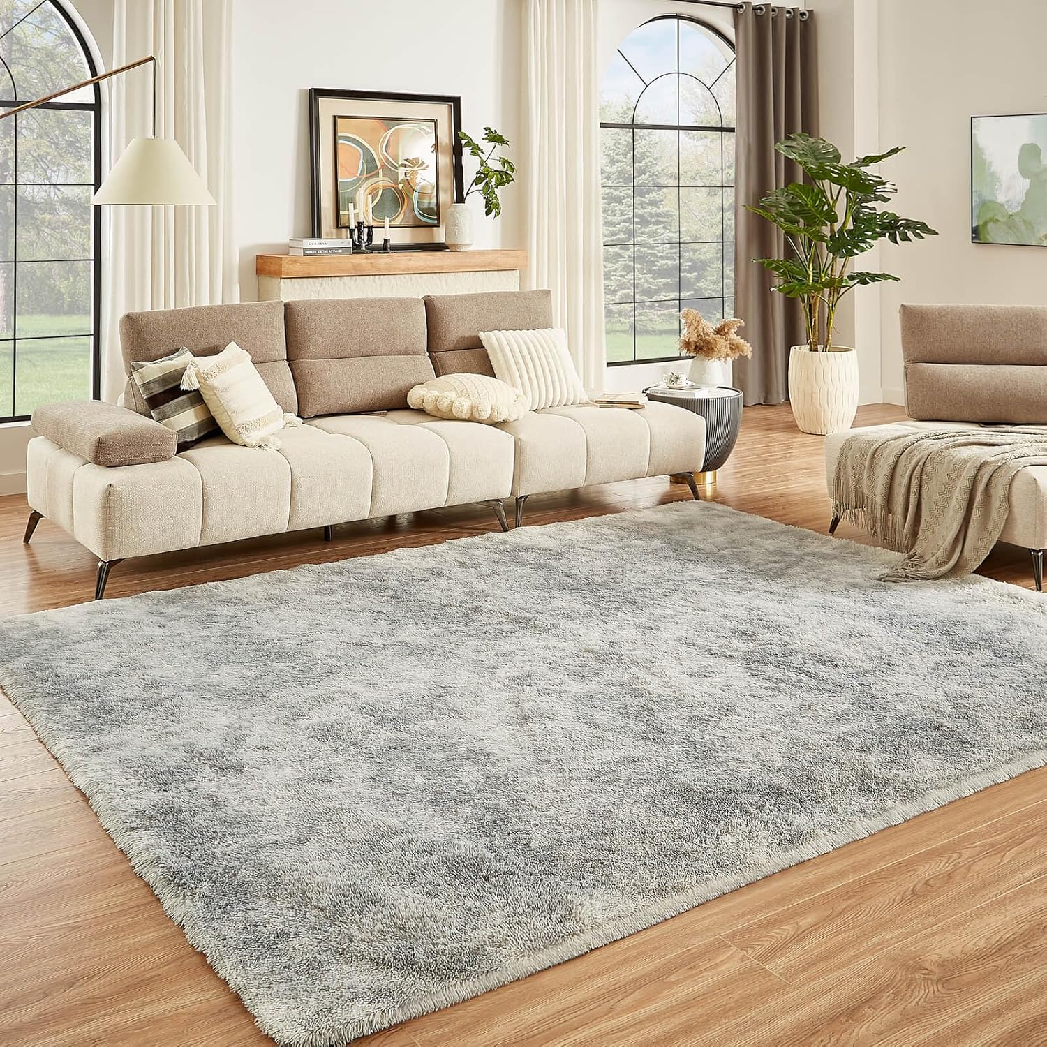 Floralux Rugs for Living Room, 6×9 Large Shag Area Rug, Tie-Dyed Light Grey Soft Fluffy Carpets for Bedroom