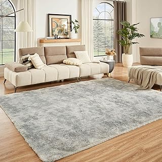 Floralux Rugs for Living Room, 6x9 Large Shag Area Rug, Tie-Dyed Light Grey Soft Fluffy Carpets for Bedroom