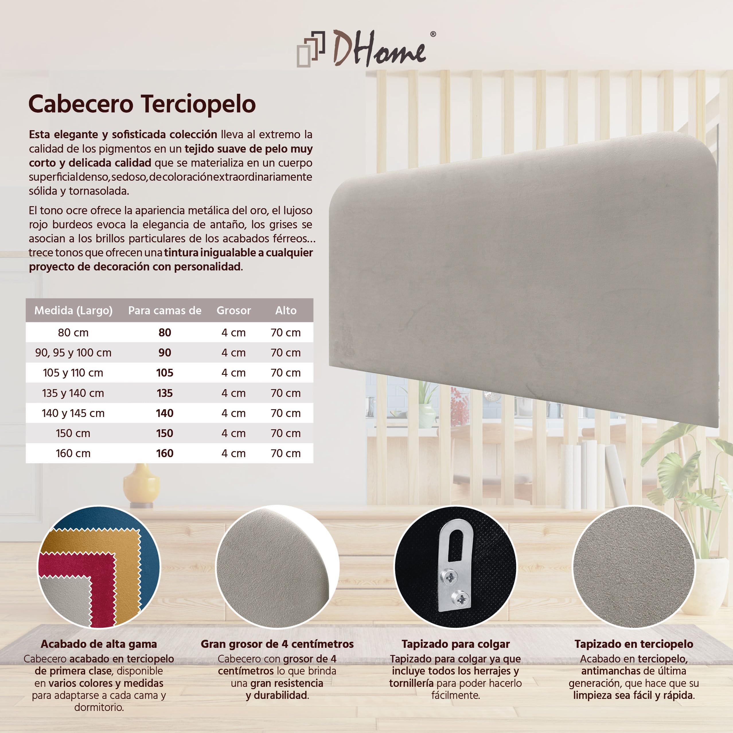 DHOME Cabecero Tapizado Liso Curvo Terciopelo 70cm Altura para Pared Acústicos Cabeceros Absorbentes Cabezal Cama Dormitorio (Beige, 150cm)