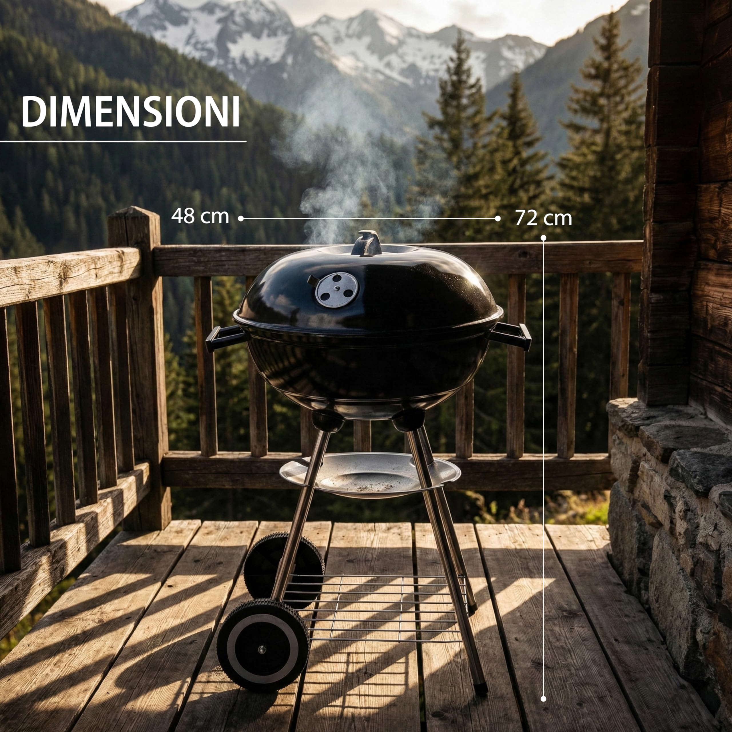 Barbecue Tondo Nero 48x72h cm Con Struttura In Acciaio e Coperchio - Giardino, Multifunzione, Terrazzo, Campeggio, Trasportabile, Griglia -BBQ con Ruote