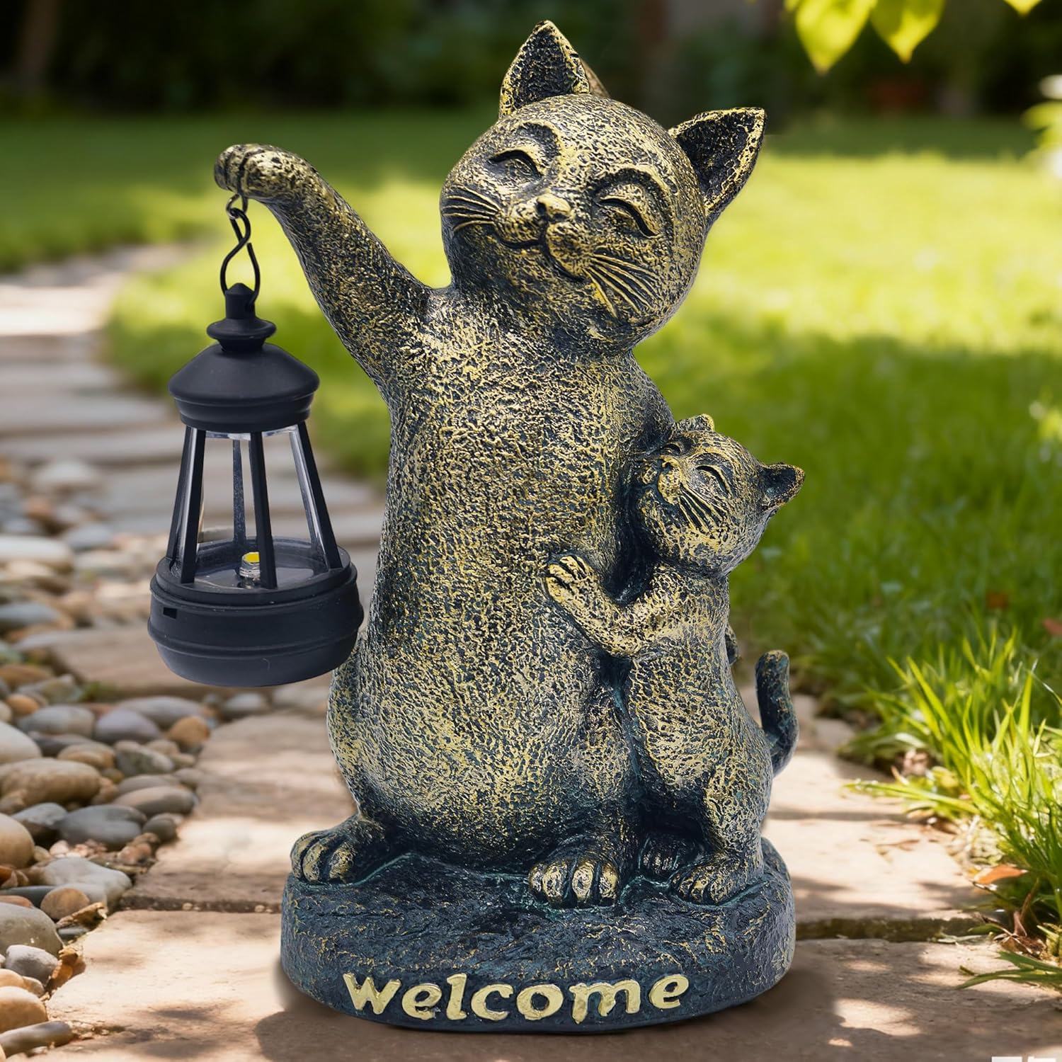 Cat Garden Statue Outdoor Decor - Solar Cat Garden Statue,Cats Figurine Ornaments,Waterproof Outdoor Sculptures for Yard Lawn Backyard Patio Balcony Home Decorations,Unique Cats Gifts for Women