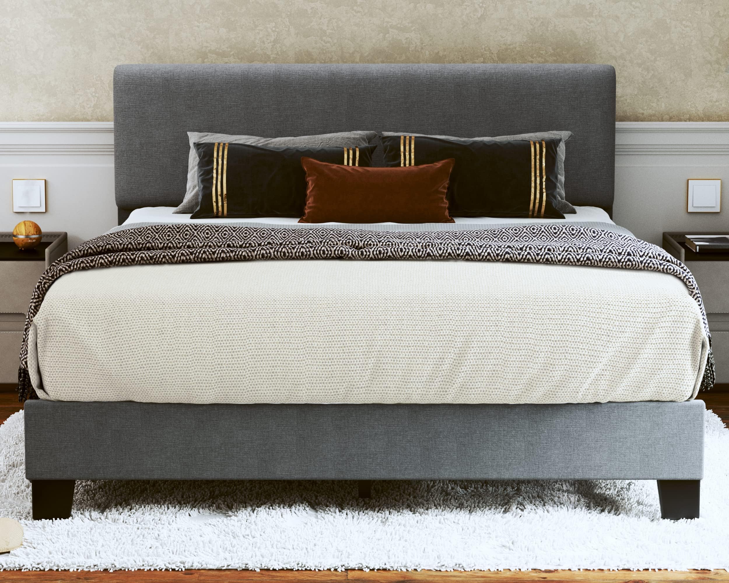 Queen Bed Frame Upholstered Bed Frame Platform with Adjustable Headboard Linen Fabric Headboard Wooden Slats Support/No Box Spring Needed/Easy Assembly/Mattress Foundation,Light Grey