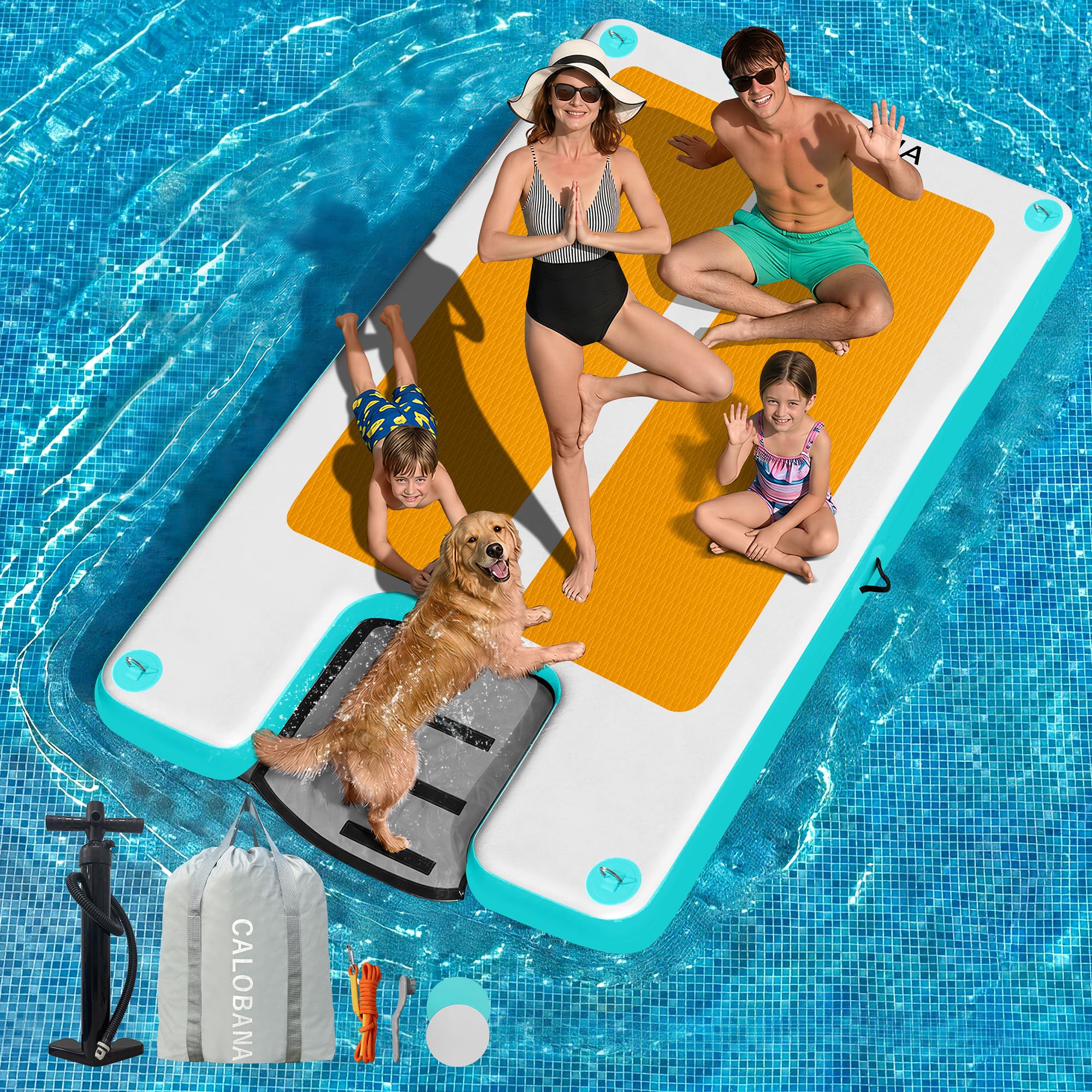 Photo 1 of CALOBANA 10ft×6ft Inflatable Floating Dock with Dog Ramp, Float Island with Boat Ramp for Adults & Pets, Heavy Duty Lake Dog Raft Dock Platform with Ladder for Sea or River,Grey+Mint Green+Brown