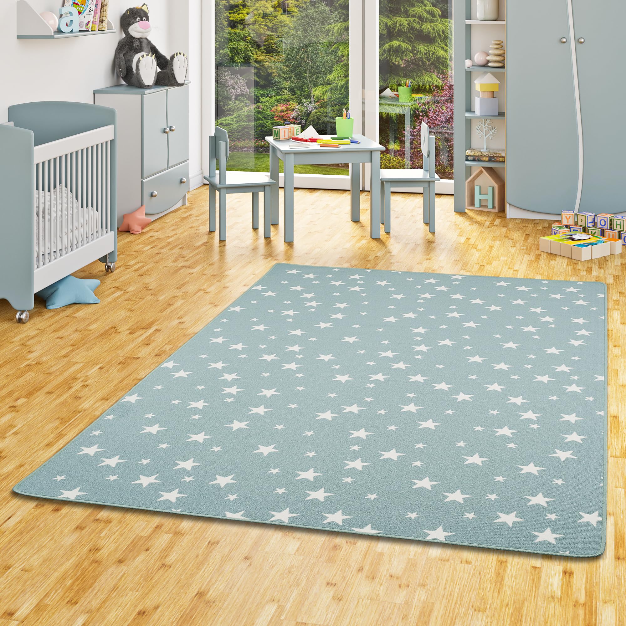 Alfombra Infantil y de Juego con diseño de Estrellas - Verde Menta - 17 tamaños