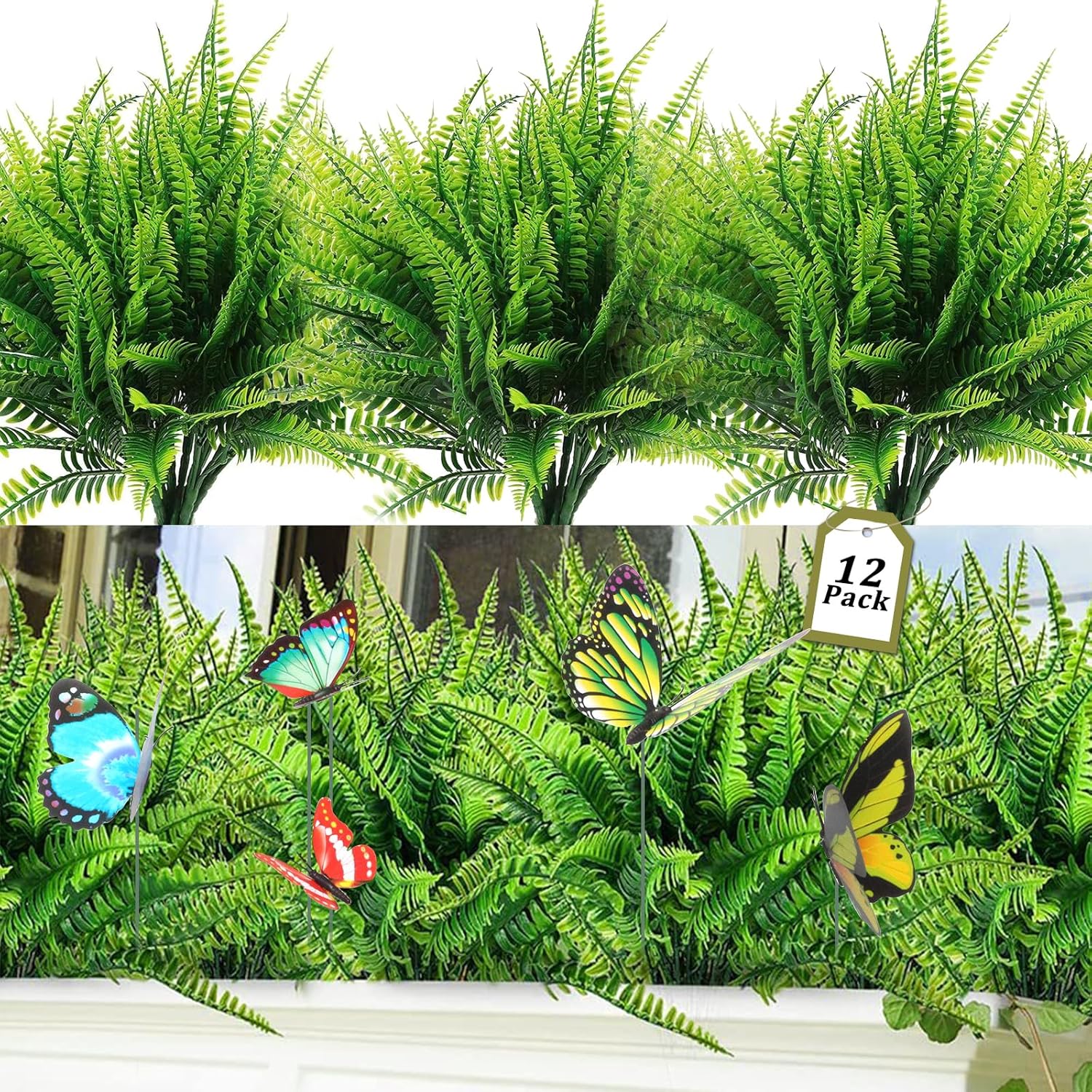 12Pcs Artificial Boston Ferns with 5Pcs Butterfly Stakes Ornaments, UV Resistant Faux Ferns for Outdoor Planters, Fake Greenery Stems for Front Patio, Garden, Porch, Window Box, Home Decor