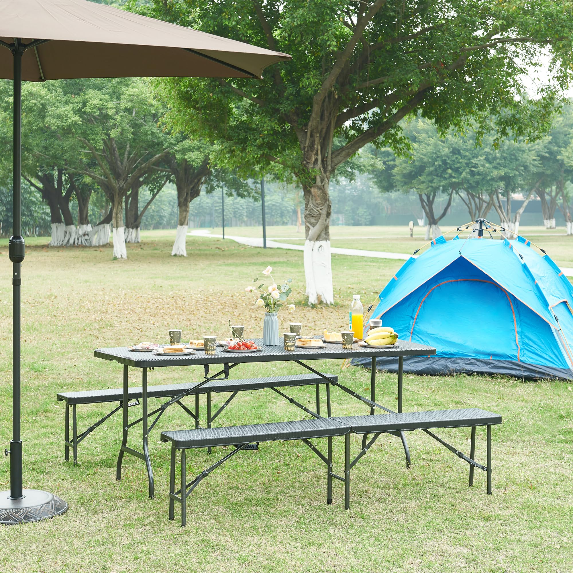 [en.casa] pro.tec składany stół piknikowy Camping przenośny stół do użytku na zewnątrz metalowa rama i blat plastikowy stół 180 x 75 x 72 cm czarny efekt rattanu