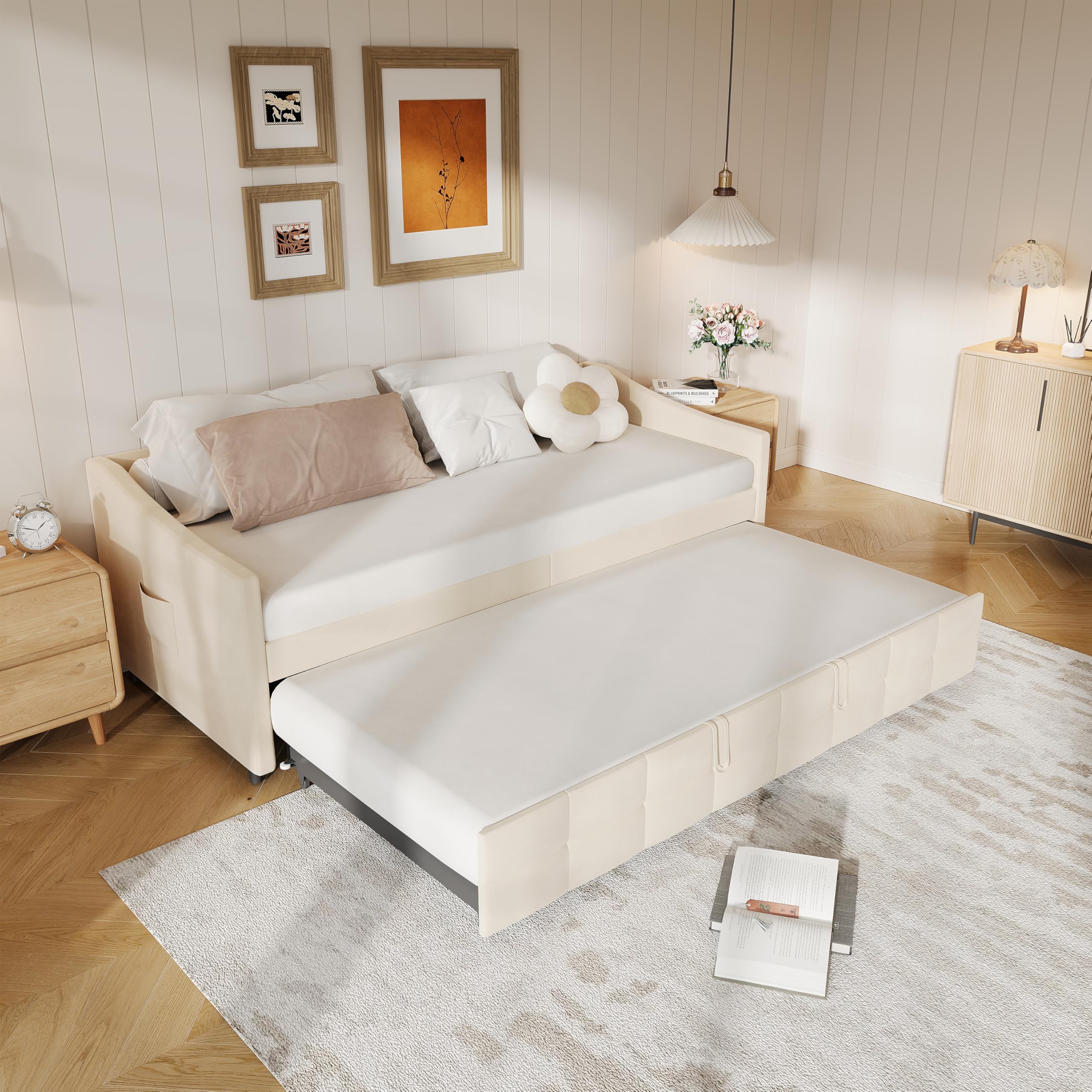 Schlafsofa, 2-Sitzer, 90/180 x 200 cm, gepolstertes Schlafsofa mit Lattenrost, ausziehbar, Veloursstoff (ohne Matratze) (Beige B) Küche,
