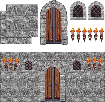 TaoBary 11 Pieces Medieval Party Decorations Kit Medieval Scene Castle Decorations Set Including Stone Wall Backdrop, Door, Windows, Torch Props for Halloween Castle Party Wall Decor Accessory