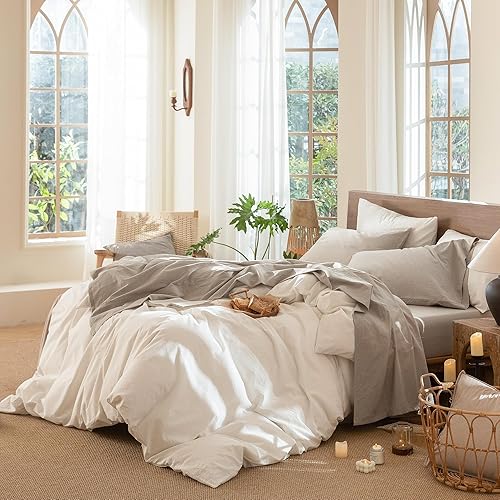 Miniatura 3 de MooMee - Juego de sábanas 100% algodón lavado, textura parecida al lino, transpirable, duradero, suave y cómodo (color lino gris tostado, tamaño